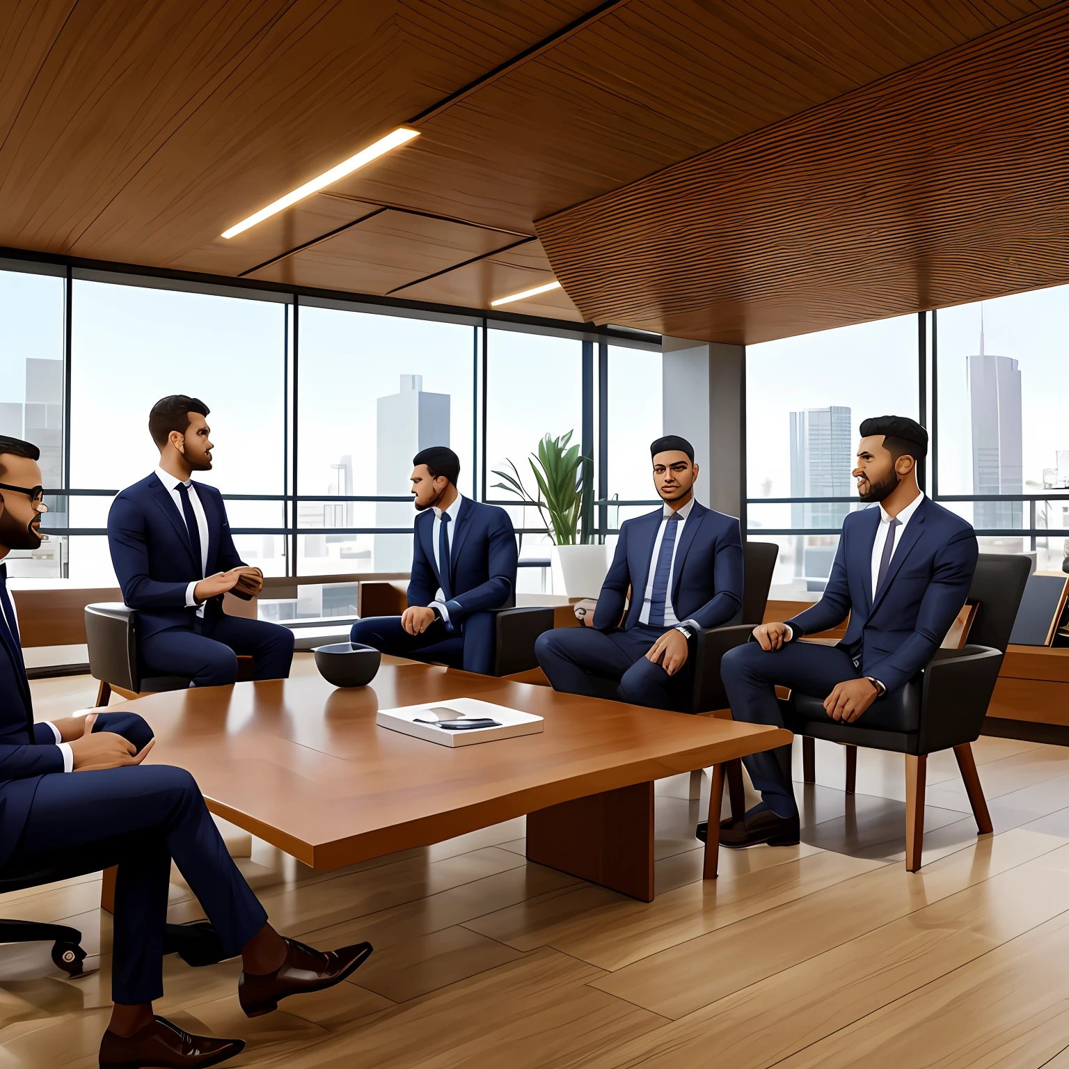 HOMENS DE DIFERENTES ETNIAS, COR DE PELE, ROUPAS E CABELOS, EM UMA SALA CORPORATIVO, SENTADOS EM RODA DE FORMA TRANQUILA EM VOLTA DE UMA MESA, conversando. AMBIENTE BEM ILUMINADO E ELES USAM ROUPAS INFORMAIS, CONVERSAM SOBRE DIVERSIDADE E PRECONCEITO.
