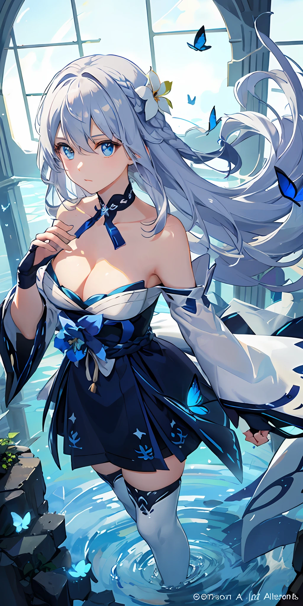 (Overhead view),dynamic angle,ultra-detailed, illustration, close-up, straight on, 1girl, (fantasy:1.4), (azure blue eyes:1.233),Her eyes shone like dreamy stars,(glowing eyes:1.233),(beautiful and detailed eyes:1.1),(Silver hair:1.14),(messy hair,very long hair,french braid,hair between eyes,sidelocks), (+(bule hair flower:1.14)),(chiffon dress,bule flower pattern in uniform)/=(military uniform:1.24),(detached sleeves,wide sleeves),(fingerless gloves),choker,(miko thighhighs),High heeled boots,(expressionless,closed mouth),(standing), (classical Princess boudoir with dressing tableand french windowin a white ancient palaces),(white flowers,bloom),(abysmal sea),(flowing water),(a dull blue world tree:1.14),(ruins),(night:1.2),dreamy,soul,(fluorescence),(flying translucent blue butterflies:1.15), [[delicate fingers and hands:0.55]::0.85],(detail fingers),(yubao:0.5),