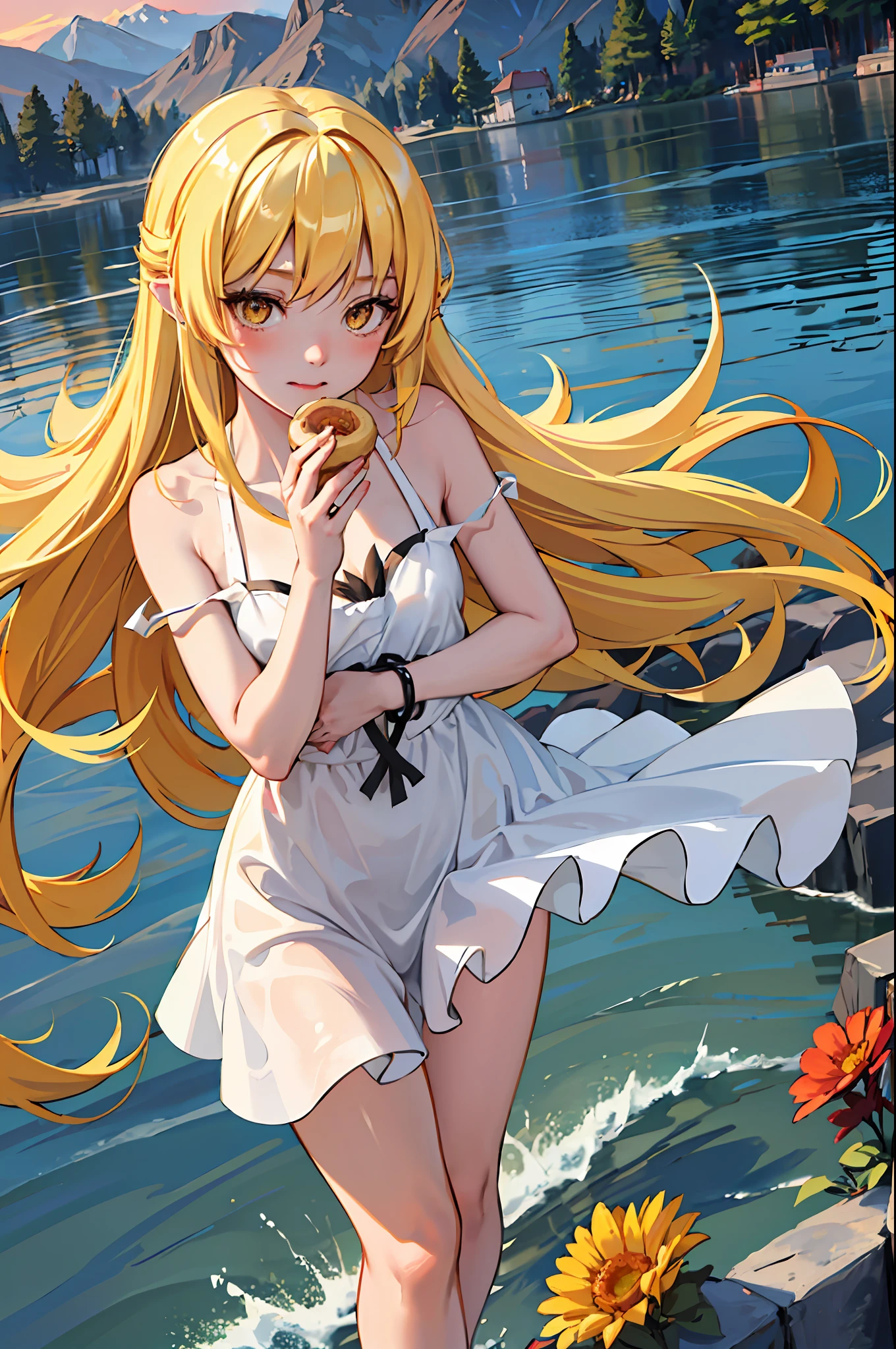 1girl in, Solo, Female, (Oshino_shinobu),(Blonde) (Blonde_hair), (yellow_hair), ((long_hair)), ((Bangs)), (yellow_Eyes), blush, Cute, Innocent face, spiky_Ears, (blush_a sticker), Flat_Chest,
Dress, Bow, Bracelet, tusk, Holding_food, donut, inner strength, Eating, food, spark of light, sparkly eyes, Particle, Happy, toenails, Hands, Fingers, retention
Global Illumination, nffsw, Subsurface scattering, masutepiece, 4K, raytrace, Beautiful, sharp, Smooth skin, bloom, anime
sunset, Nature, mountainscape, Clouds, tussock, Flowers, fireflys, lake