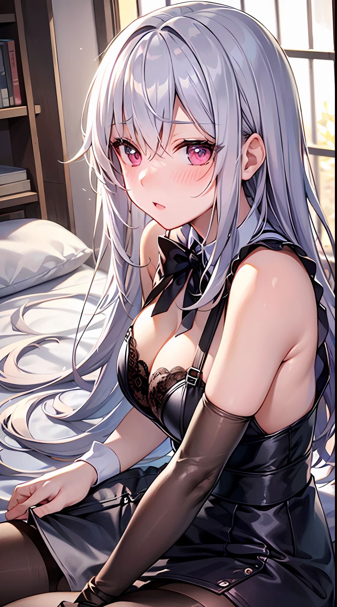 {Best Quality}, {ultra-detailliert}, {very detailed illustration}, silber hair, Aimei, embarrassed from,breastsout,Suspender Skirt,red blush,Black tie,Be undress,suspenders、skirt by the、Casual clothing,Maids,a bed,laying on back