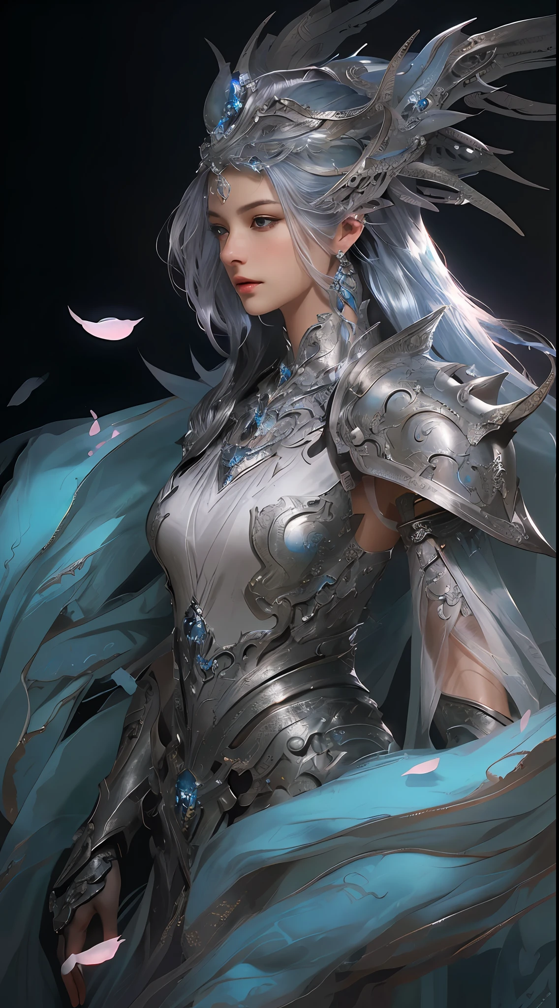 a close up of a woman in a silver and blue dress, detailed fantasy art, Stunning character art, epic exquisite character art, Super complex punk armor, Extremely detailed Artgerm, detailed digital, Ultra-realistic skin