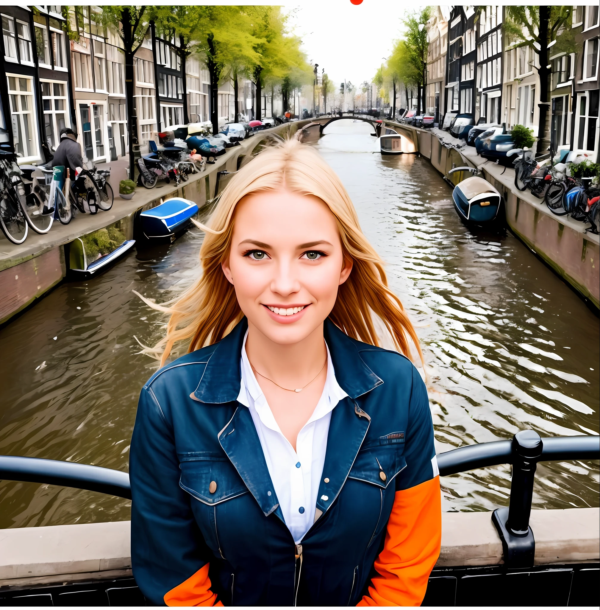 Blonde woman in blue jacket standing on bridge over canal with bicycles, amsterdam, imagem impressionante, Directed by: Niko Henrichon, Directed by: Jacob van Utrecht, Directed by: Jonas De Ro, Directed by: Paulus Decker, Directed by: Echo Chernik, netherlands, Directed by: Josef Dande, Directed by: Jesper Knudsen, Directed by: Jakob Gauermann, Canais, Directed by: Anna Haifisch, especialista