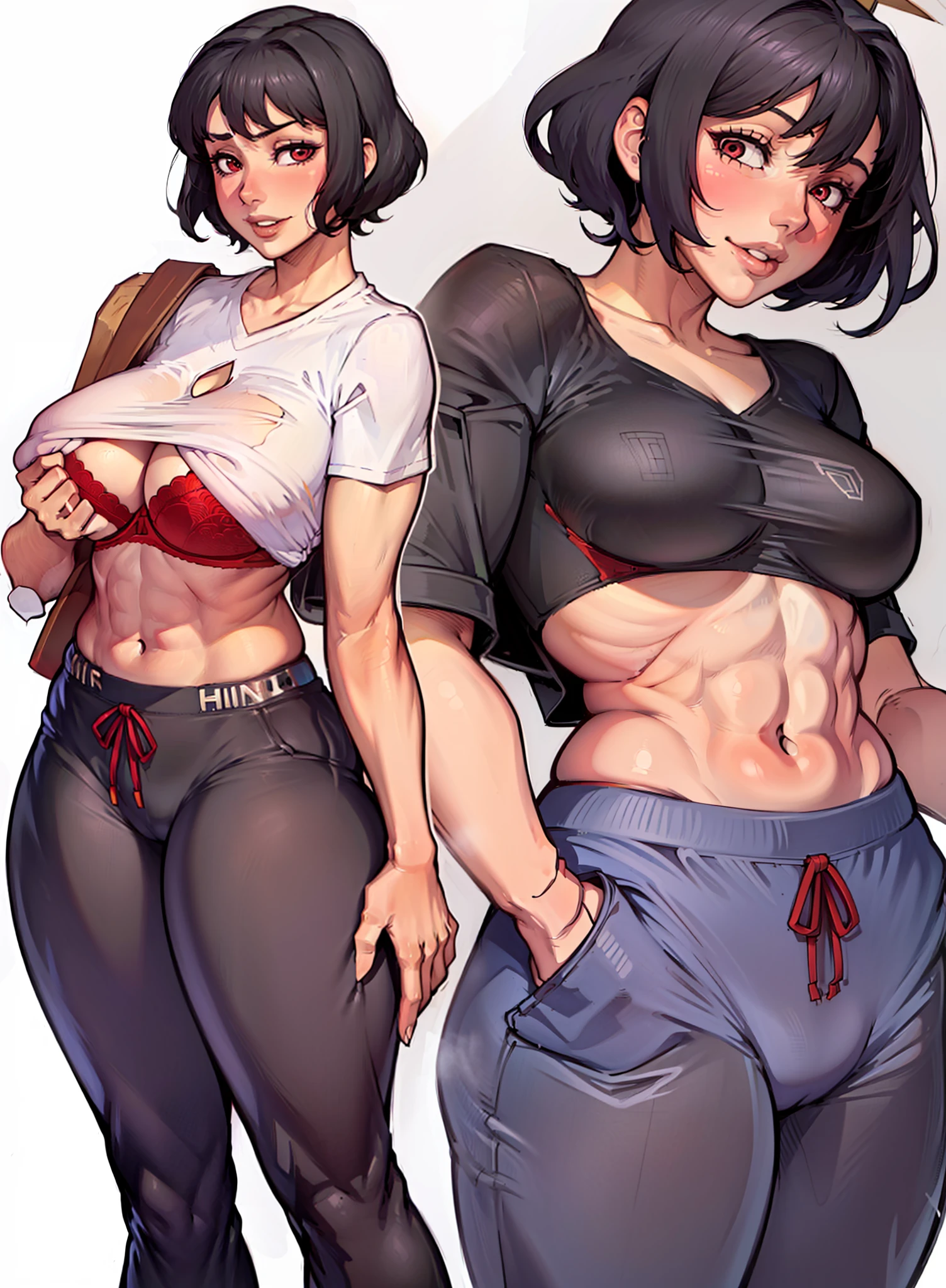 Solo anime girl (1girl) a manga drawing by Kentaro Miura, trending on pixiv, shin hanga, Red bra, (Red Bra) ((No shirt)), baggy pants, Red eyes, toned body, abs, seductive anime girl, teasing smile, Black Hair, Short hair, Hairstyle: Short Pixie Cut (sfw) safe for work, sfw version, top rated on pixiv, oppai, gapmoe yandere, handsome anime pose, hair is short on the sides and on the top, pretty hands, good anatomy. Arms hiding behind back, Scene: White background