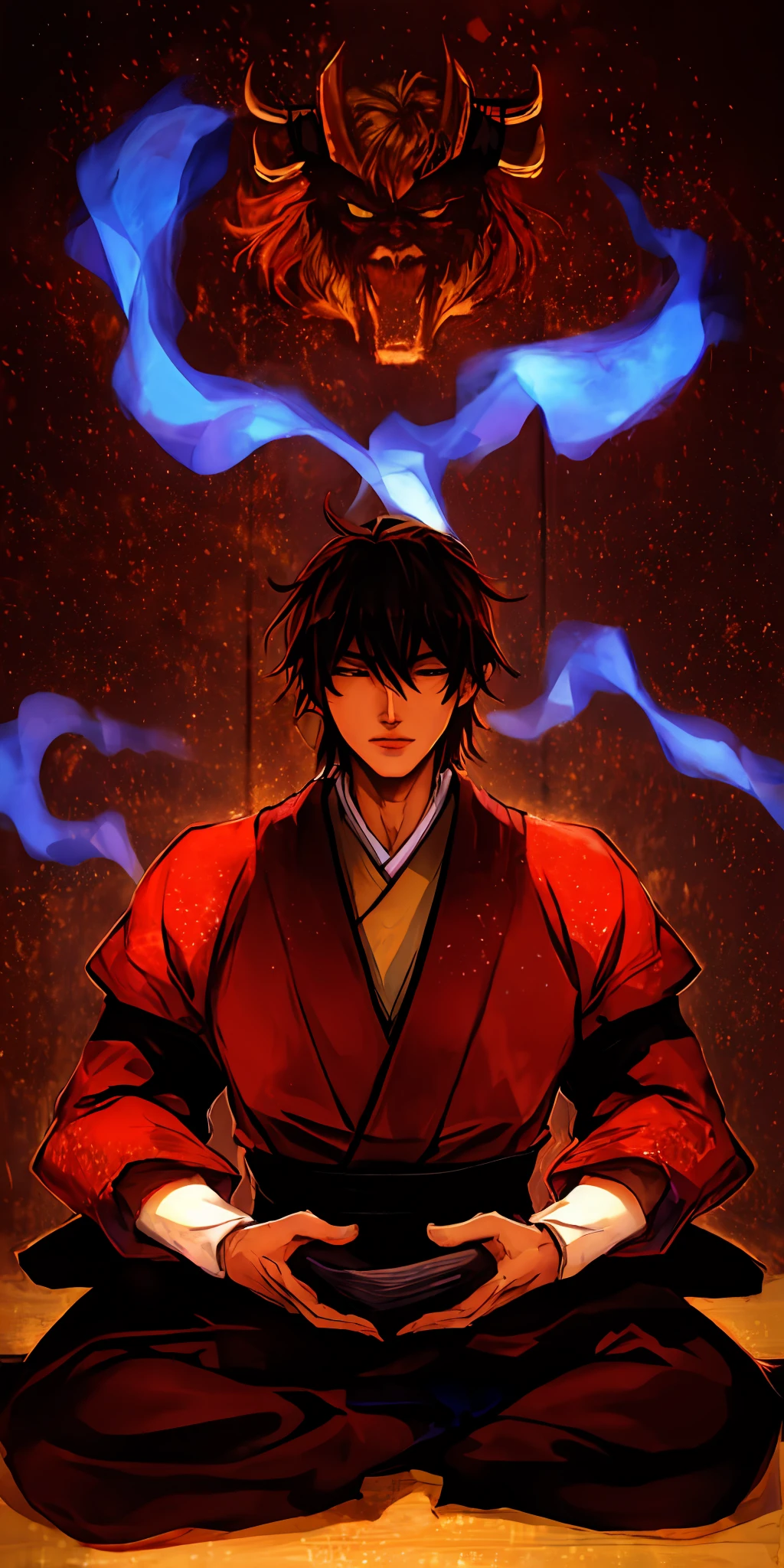 anime character sitting in a meditation position with hands folded, cara bonito na arte demon slayer, inspirado em Okumura Masanobu, Heise Jinyao, hijikata toushirou, handsome japanese demon boy, imagem de anime shuushuu, homem Samurai, Manhwa, Sengoku - Era Estilo de Arte, from sengoku period