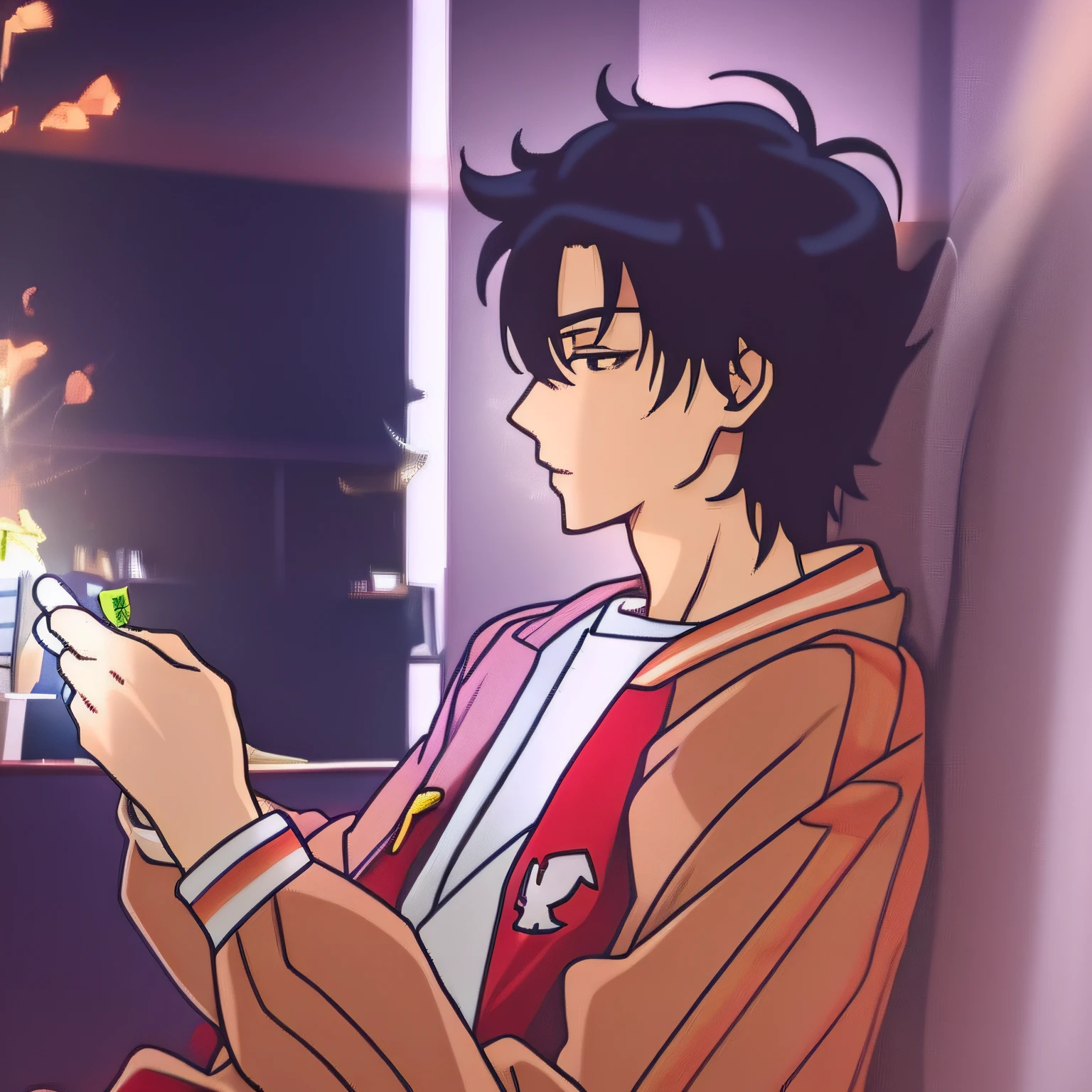 Anime people sit in chairs，Mobile phone in hand, gendo ikari smoking a joint, 9 0 s anime aesthetic, pin on anime, animeaesthetic, inspired by Okumura Togyu, shuushuu anime image, young anime man, with index finger, miura kentaro style, inspirado em Okumura Masanobu