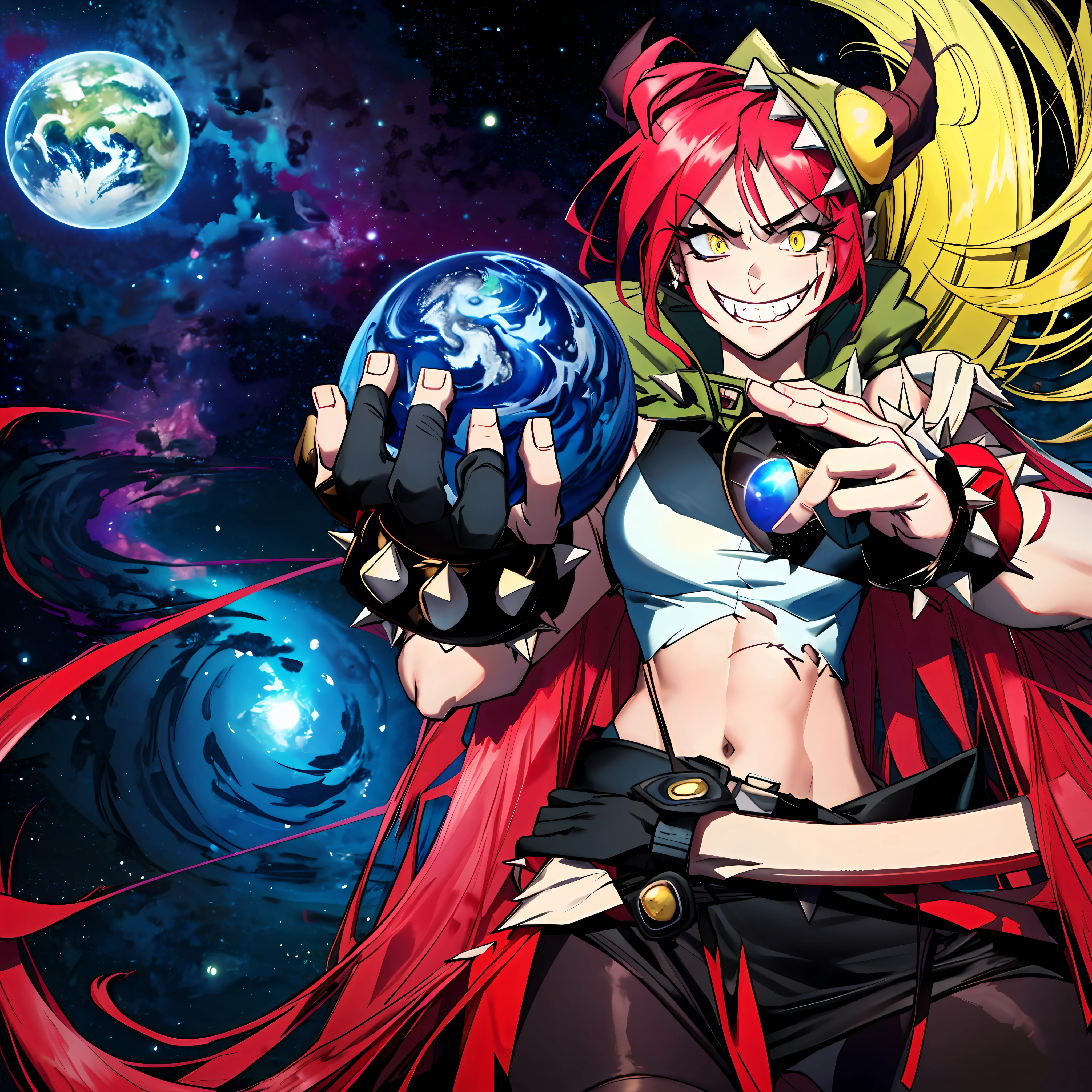 cinematic highlight, demencia, evil grin, looking at viewer, hands raised, yellow eyes, striped, cut out dress, sleeveless, dress, stomach, horns, thighhighs, fingerless gloves, jewelry, bracelet, spikes, wearing a dress, (cosmic background, photo-realistic), (((midriff exposed))), (holding a small planet, woman holding an orb), intense character expression