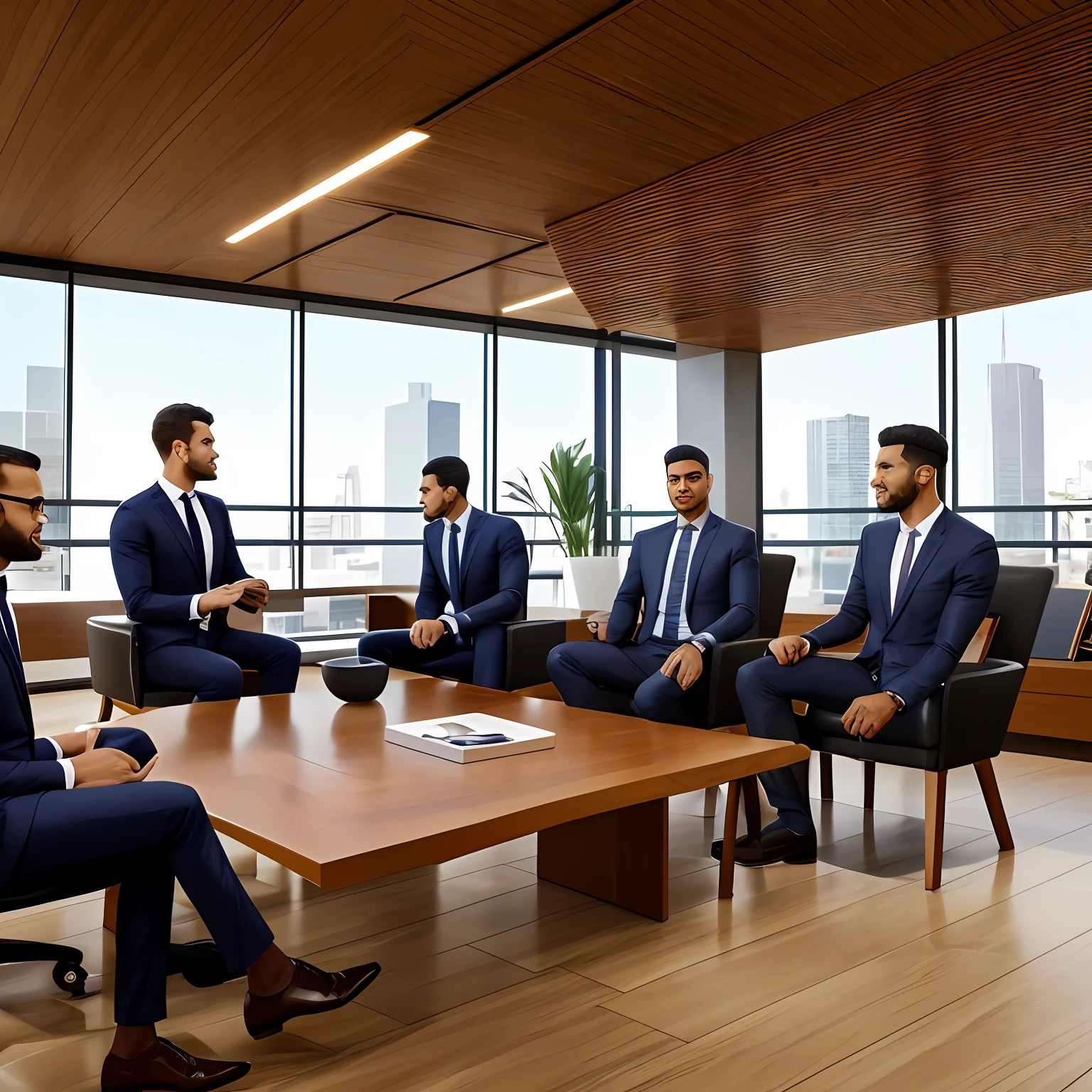 HOMENS DE DIFERENTES ETNIAS, COR DE PELE DIVERSAS, ROUPAS E CABELOS DIVERSOS, EM UMA SALA CORPORATIVO, SENTADOS EM RODA DE FORMA TRANQUILA EM VOLTA DE UMA MESA, conversando. AMBIENTE BEM ILUMINADO E ELES USAM ROUPAS INFORMAIS, CONVERSAM SOBRE DIVERSIDADE E PRECONCEITO. REQUINTE NOS DETALHES DO ROSTO, FEATURES AND HANDS. I NEED A HYPER REALISTIC PHOTOGRAPHIC IMAGE