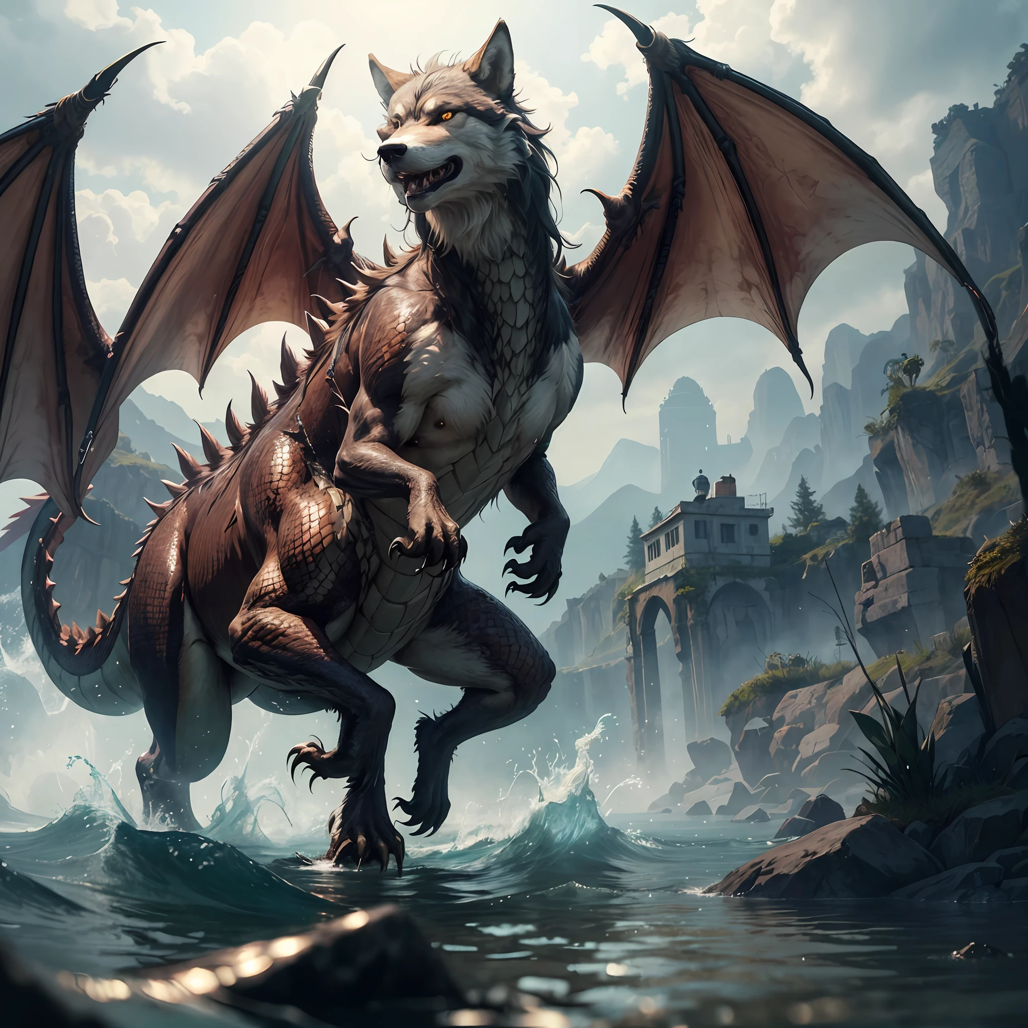 half wolf, The half-dragon stands on its hind legs in the water,Sideways photo,There are extra-long dragon tails。There are vertical scales on the back。The eyes are fierce。Has big furry ears。The villain is handsome,Strong and powerful, Dramatic cinematic details fur, hyper realistic fur, highly realistic photograph, cinematic full body shot, cinematic full shot, guardian of the holy lake, adventure hyper realistic render, volumetric fur, ultra-realistic picture, Make a gesture of majesty, hyperreal rendering,A combination of mythical creatures, wolves and dragons --auto