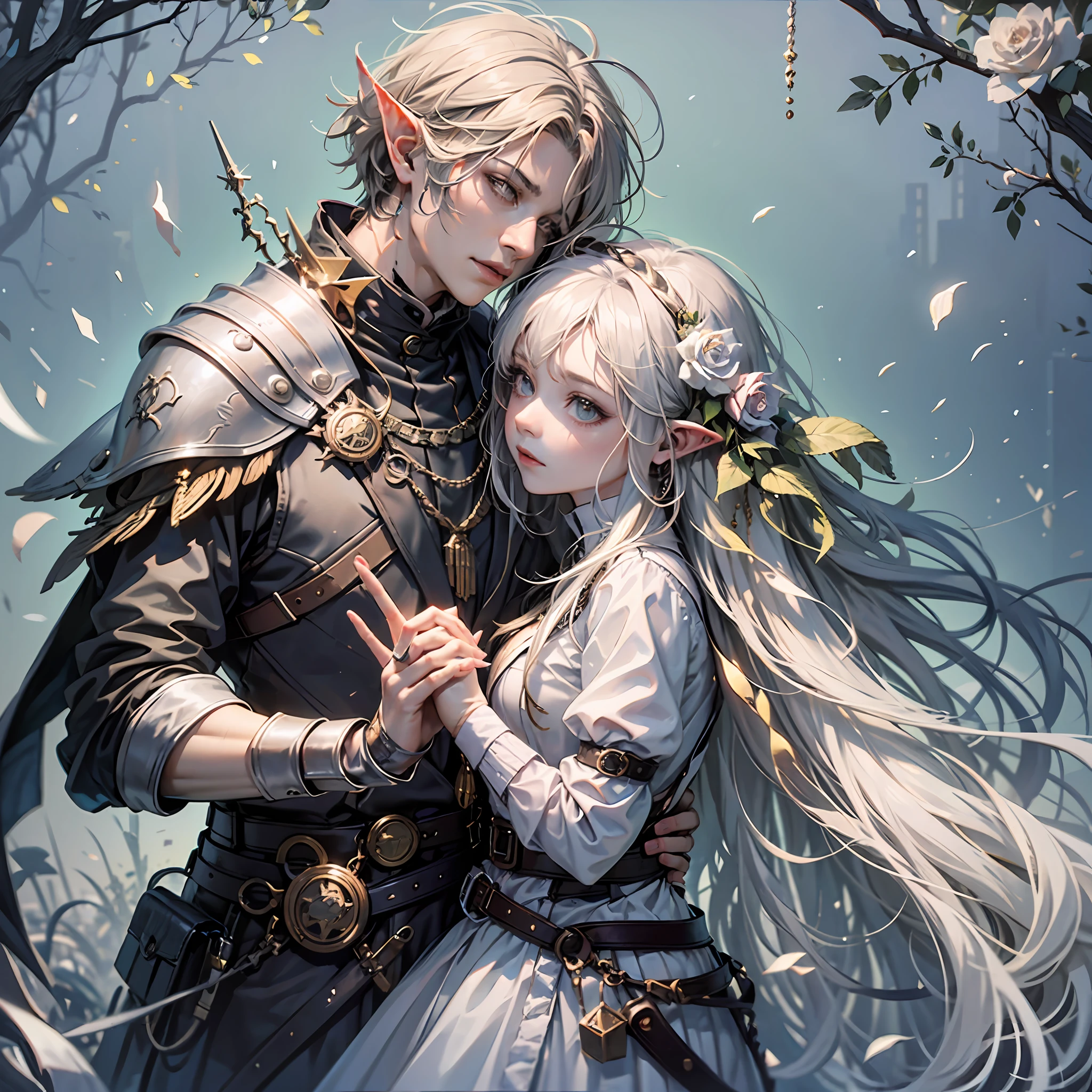 A girl with elven ears in a translucent white dress holding hands with a guy with gray hair, roses, silver