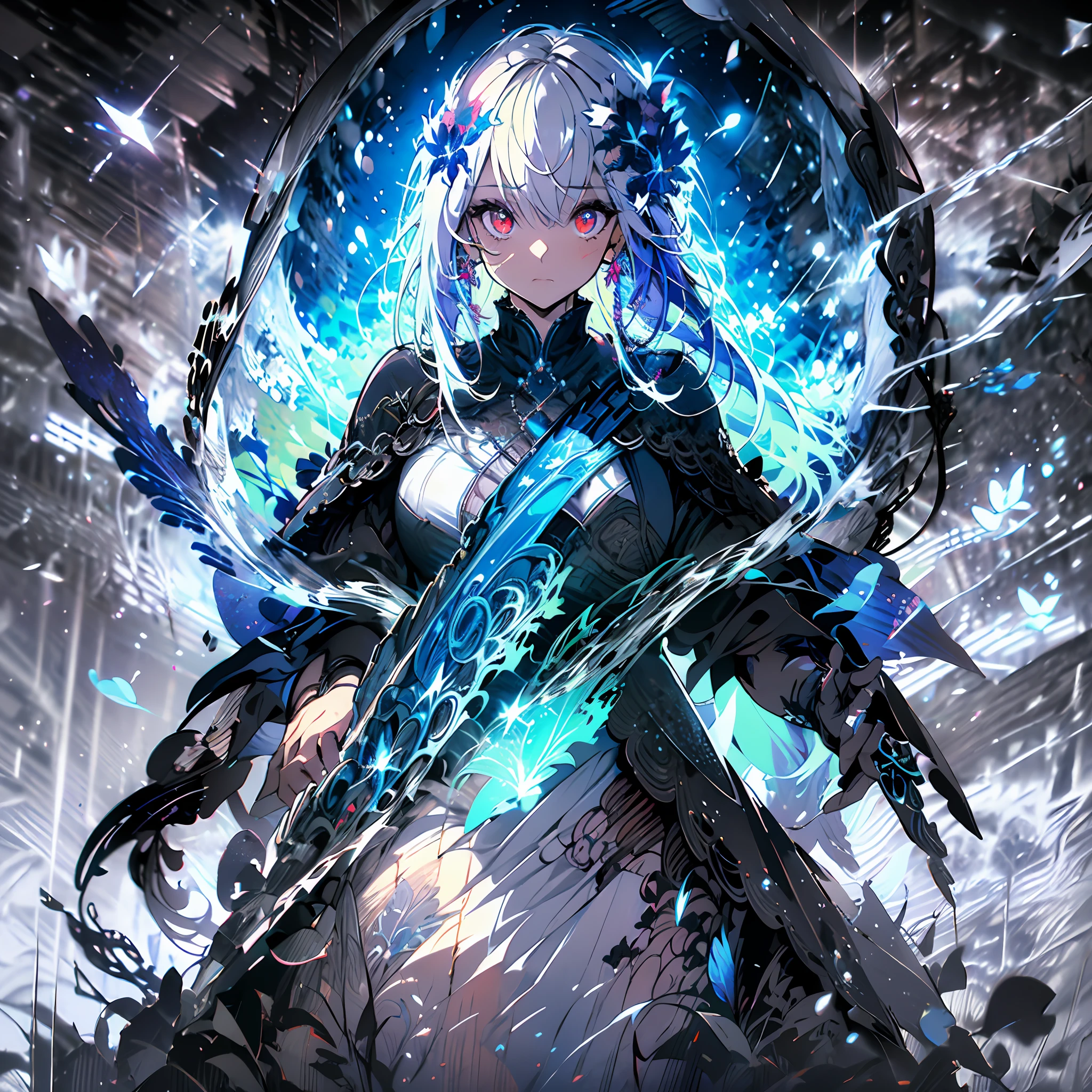 (absurdres, highres, ultra detailed),(Masterpiece, best quality:1.2),1girl,solo, power of time,white hair,red and purple eye's, beautiful,time of cronos, wearing a white outfit, mythical power's, fantasy, highest quality digital art,highly detailed eyes,blue flames, cowboy shot, extremely detailed