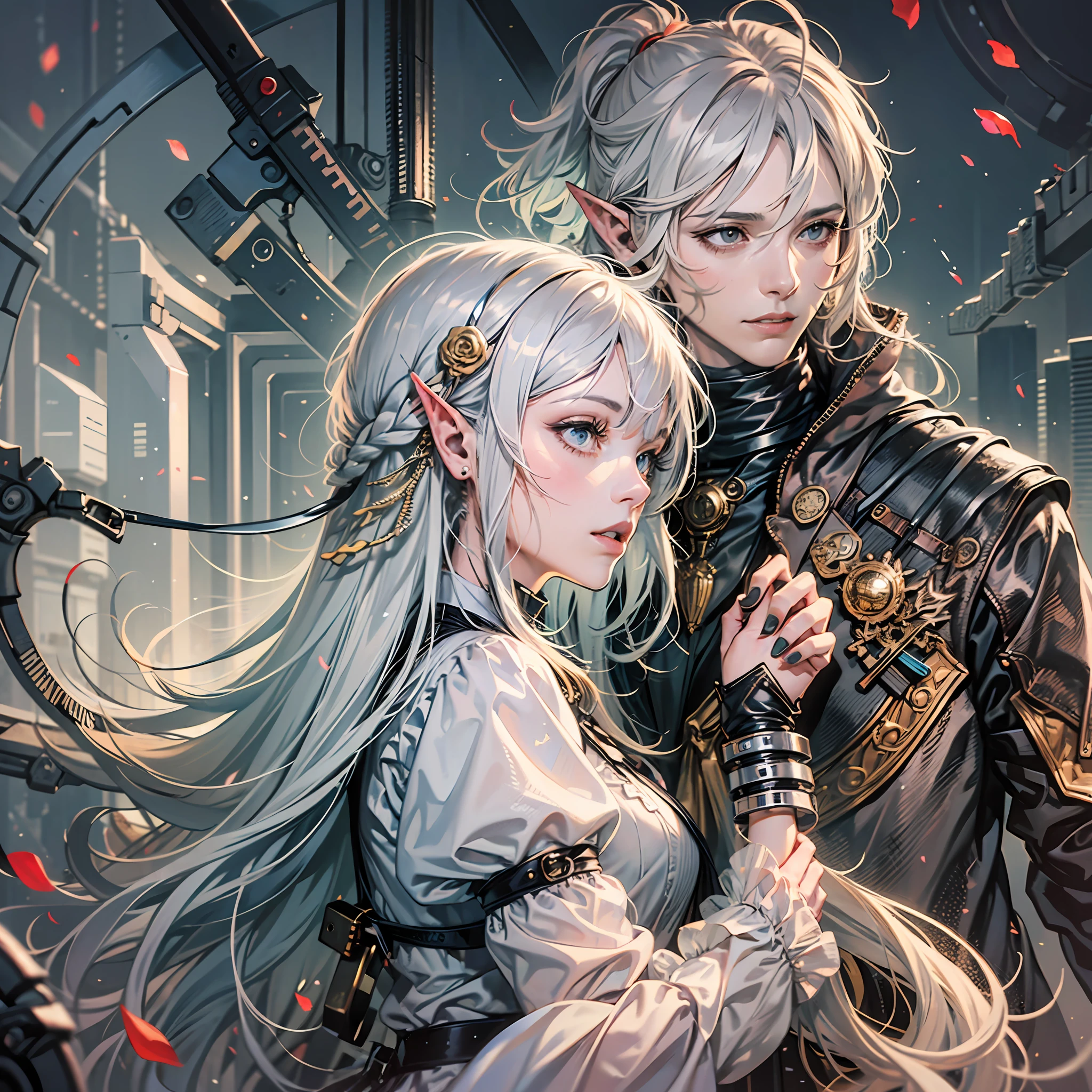 A girl with elven ears in a translucent white dress holding hands with a guy with gray hair, roses, silver