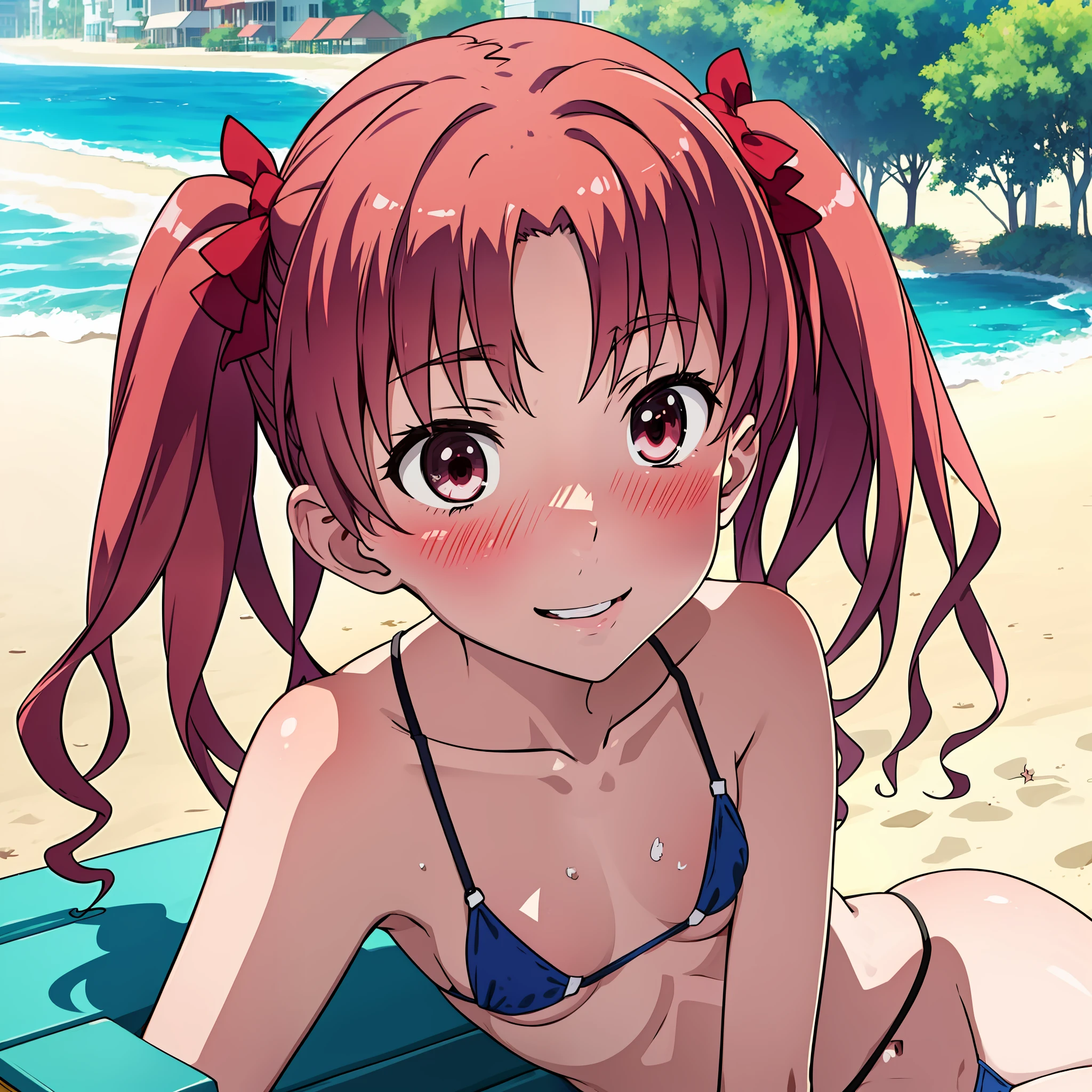 shirai_kuroko, beach, micro_bikini, sexy, blushing, smiling, sucking popsicle, sitting on a bench, medium_breasts, solo