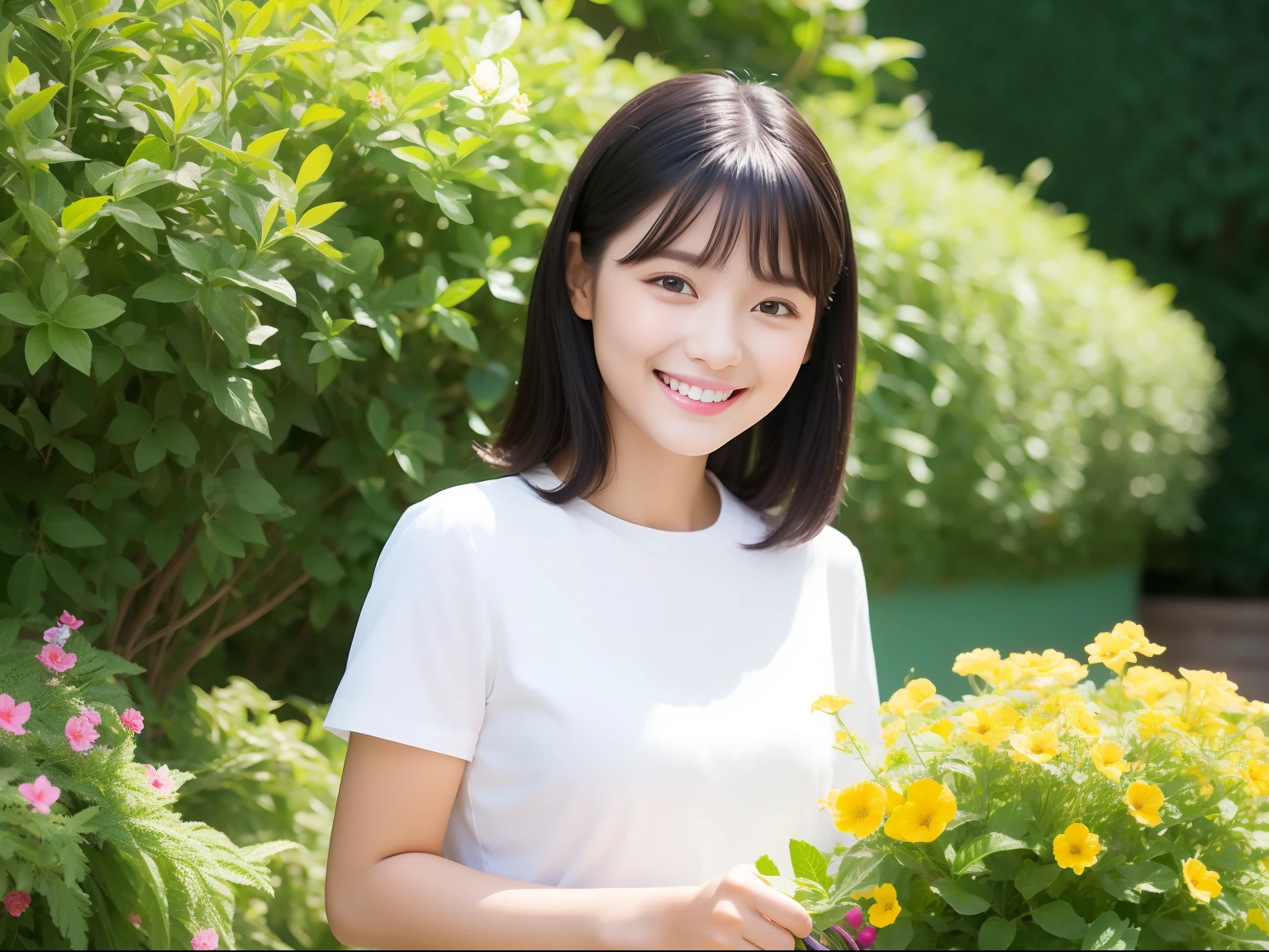 gardening　girl with　A garden with many colorful flowers, White fence, light smile, black hair, Canon, UHD