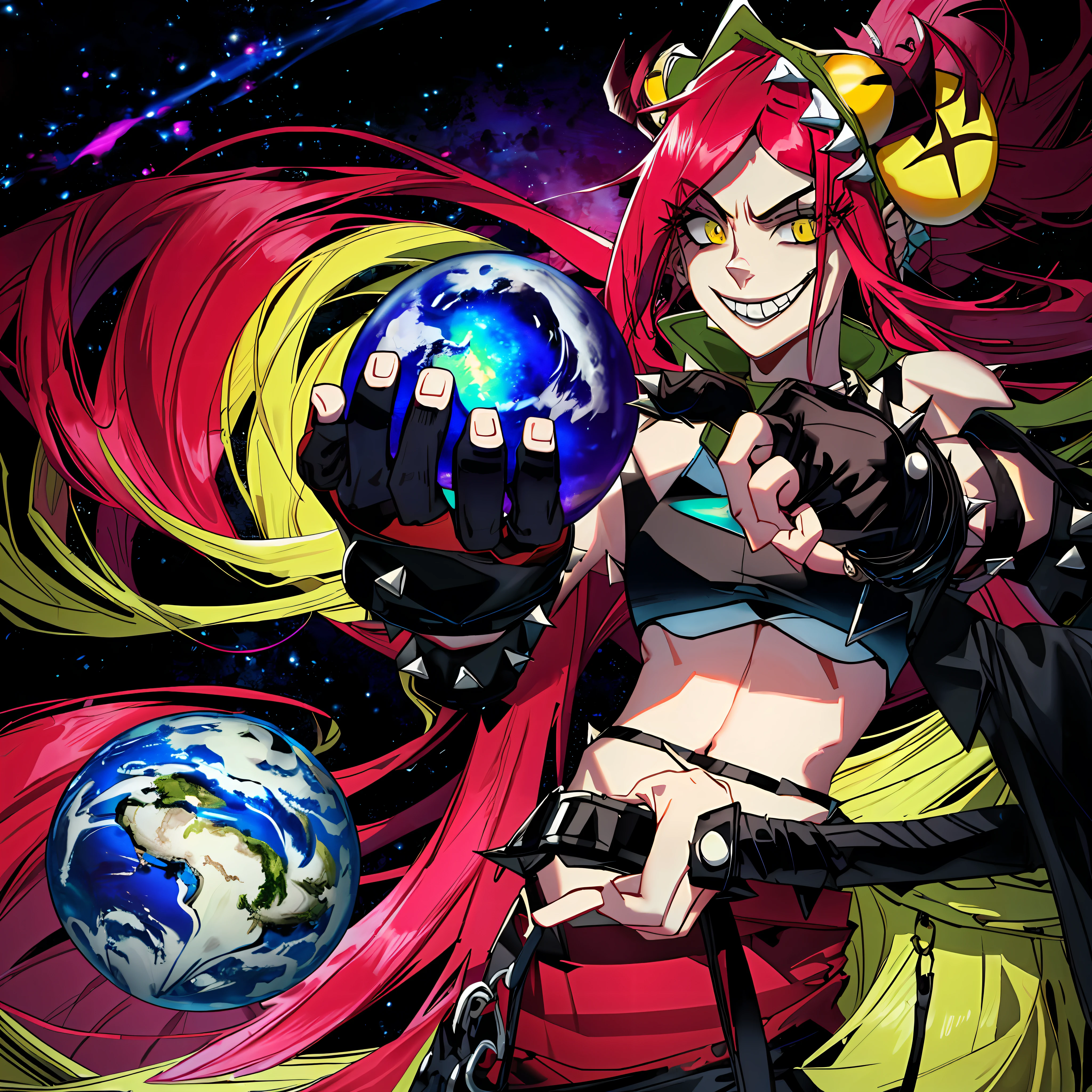 cinematic highlight, demencia, evil grin, looking at viewer, hands raised, yellow eyes, striped, cut out dress, sleeveless, dress, stomach, horns, thighhighs, fingerless gloves, jewelry, bracelet, spikes, wearing a dress, (cosmic background, photo-realistic), (midriff exposed:1.9), (holding a small planet, woman holding an orb), intense character expression