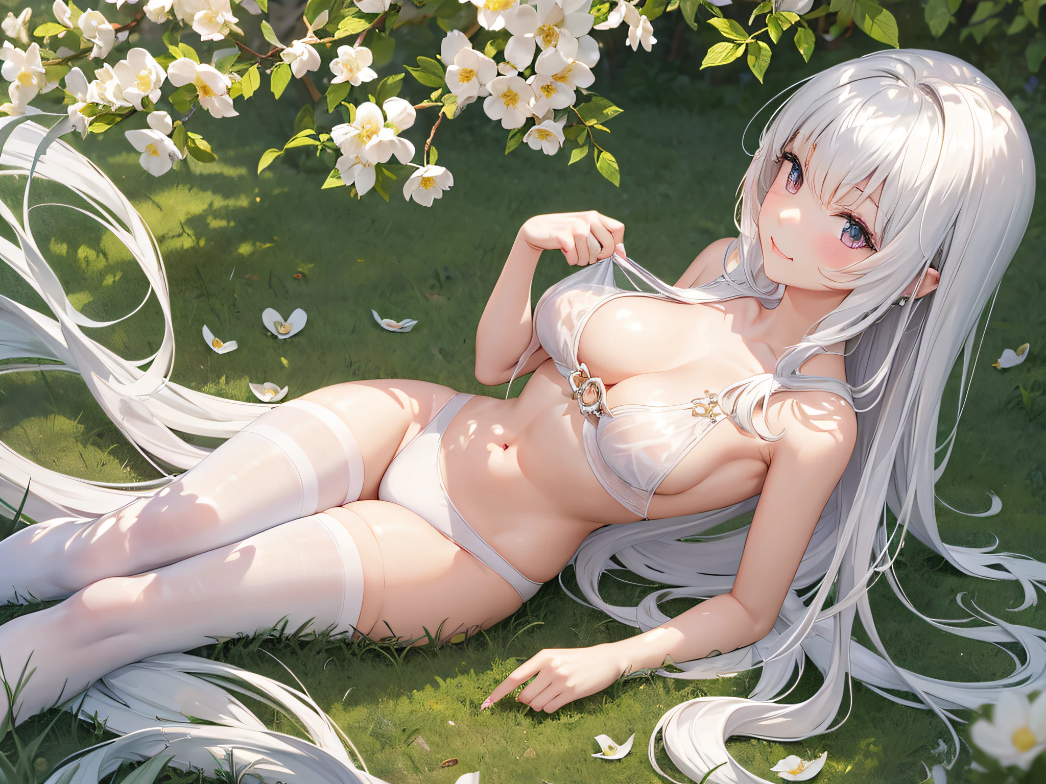 Masterpiece,Beautiful, Two-dimensional anime shoujo, little breast, Wearing a naked, Pouting and smiling, 5 cm long nails, ultra-realistic realism,Tighting rings on the legs,White stockings, full bodyesbian, Crop topping, with fair skin, One leg is slightly cocked,There is a little depression in the , revealing transparent panties, The calves are slender, The posture is restrained, Lady, 1 meter 2 long hair, Expose the whole body, Green grasslands, The sun shines on the woman, Slightly shy, Blush, Slender hands, light white hair, Lie on your side on the grass --auto