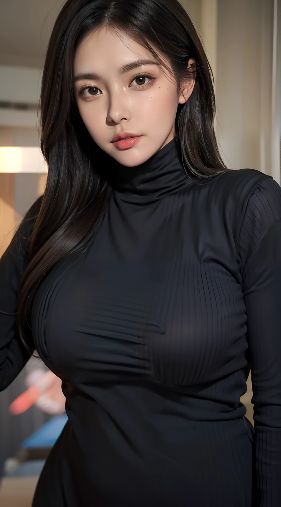 (Extremely detailed, underground parking, fine, slightly fat, plump, big breasts, big breasts, M cups, sexy, black turtleneck dress, delicate face, large aperture, close-up of people)