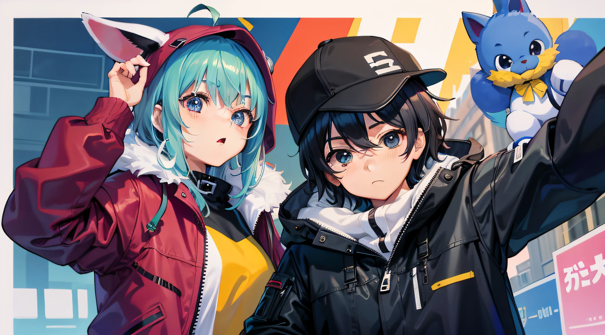 Paternity(1Adult male、1garl)、two people、parka、short-cut、Background Simple、