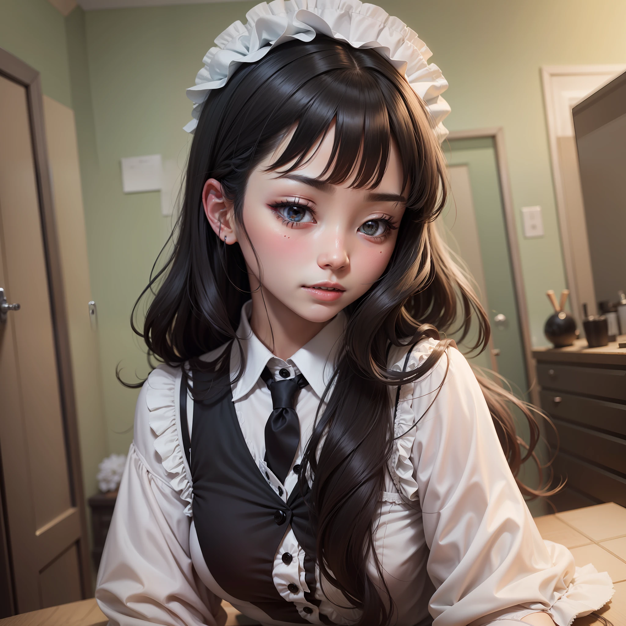 The maid pretended to have black hair and blushed。