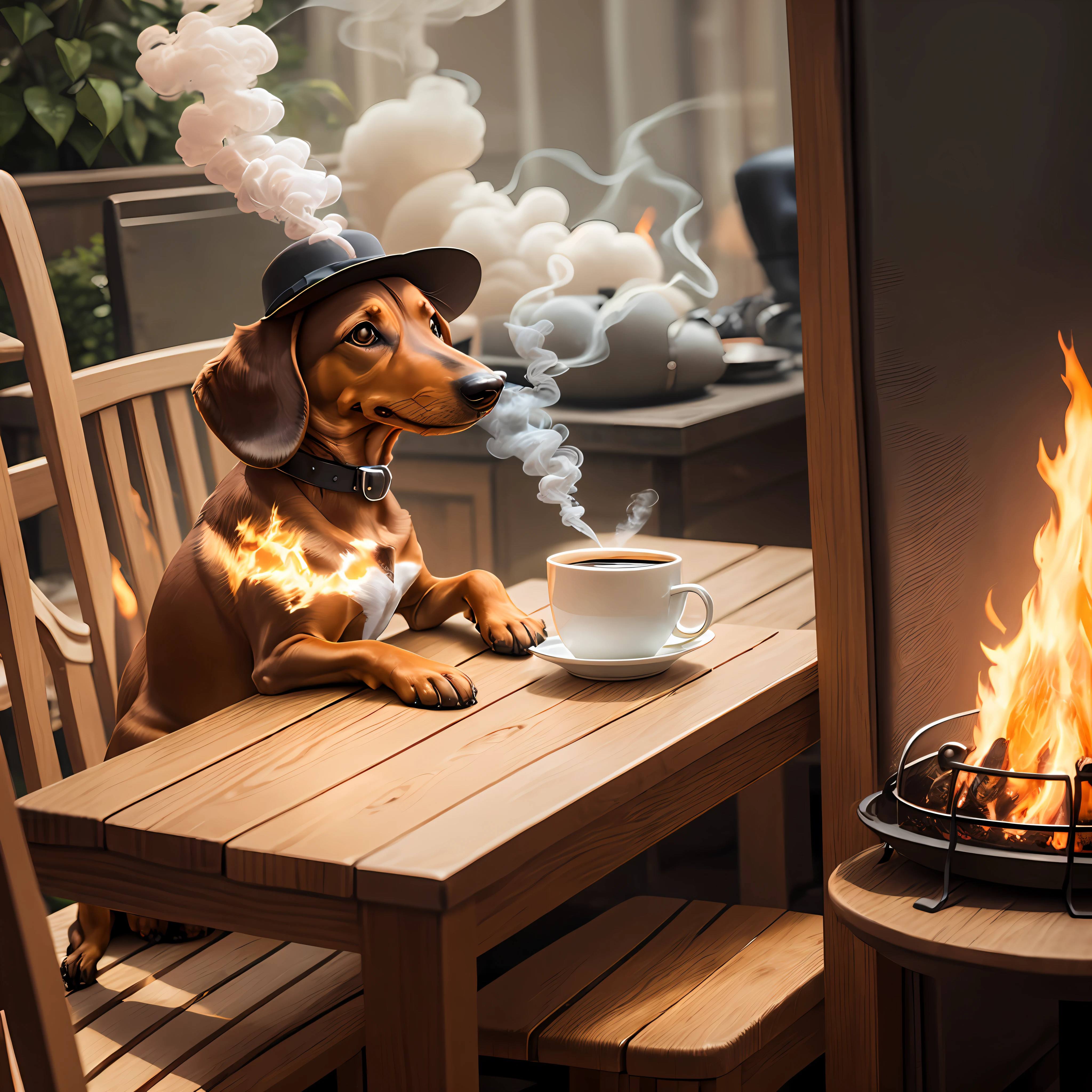 a dachshund wearing a bowler hat sitting at a table with a cup of coffee. Fire and smoke, this is fine