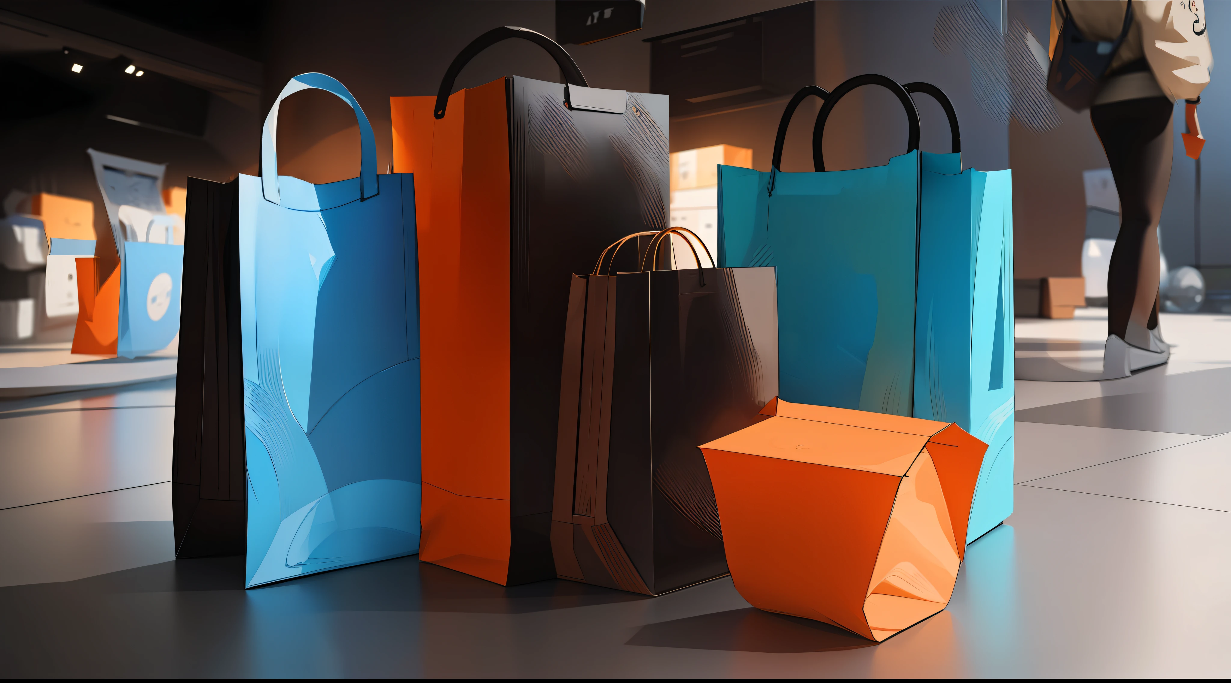 three bags with handles and one paper bag with handle, RetailDesignBlog, stylized 3 d graphics, design de embalagens, in style of 3d render, renderizado em cinema4d, renderizado em cinema 4 d, Sacos, stylized as a 3d rendering, RetailDesignBlog.rede, Directed by: Andrei Kolkoutine, cinema 4d render colorido