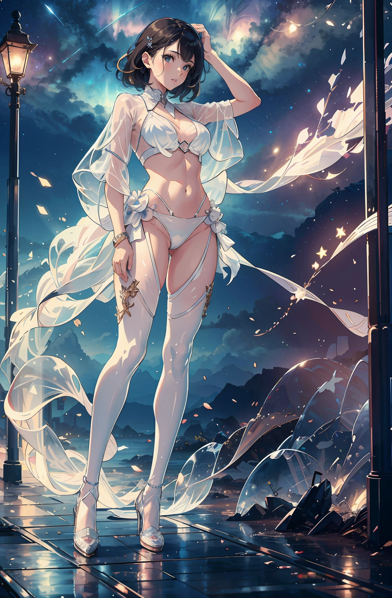 Masterpiece, a beautiful urban female model, full body white transparent clothes standing under empty night stars, disappearing transparent pants, full body standing, tall figure, slender legs, facial details, detailed body part details, 8k wallpaper