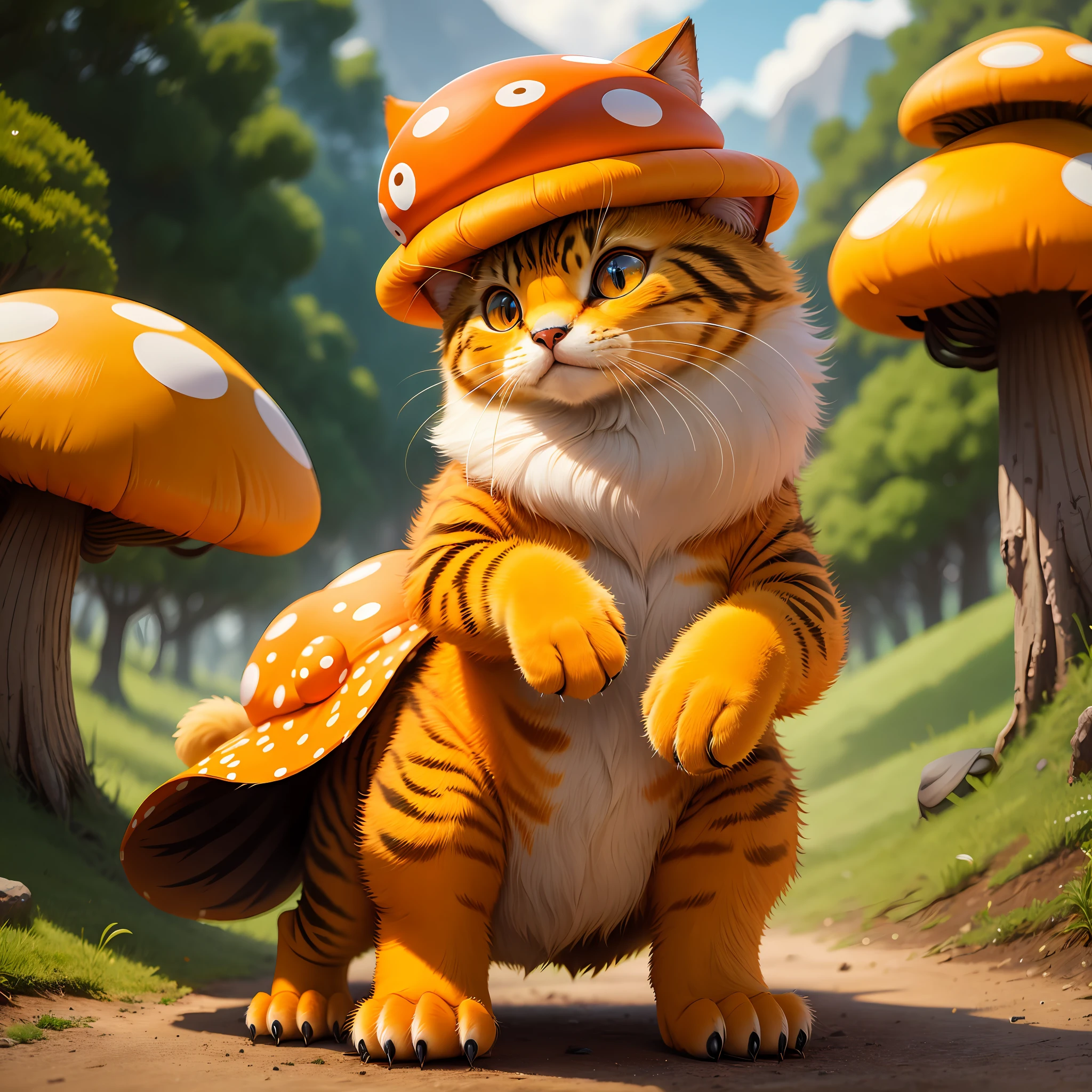 Bipedal creature resembling a cat, orange mushroom hat with yellow spots, white-tan fluffy fur, a cynical expression on their face, a scar on face, masterpiece, best quality