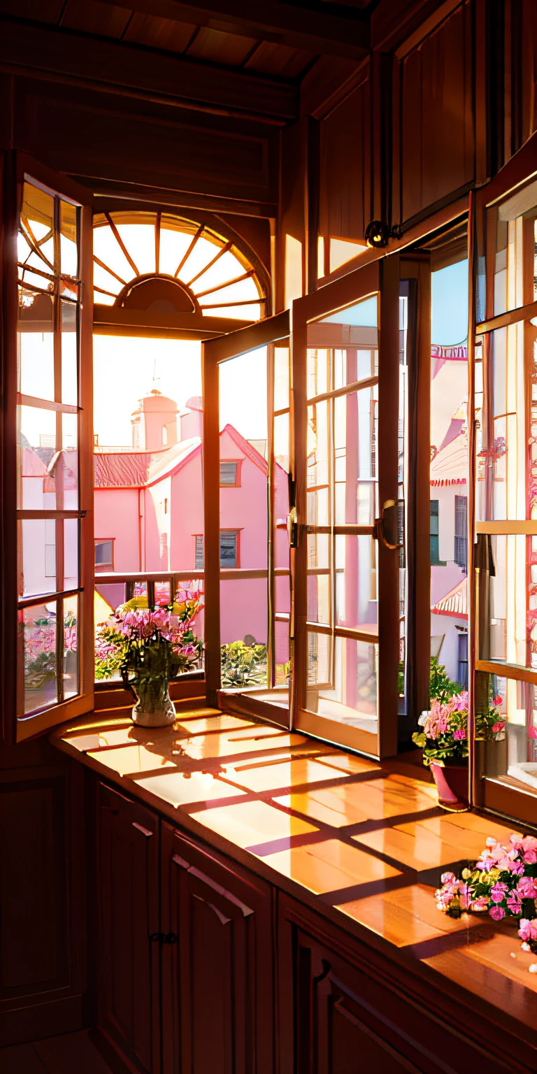 there is a window with a view of a pink house, sunlit windows, photo of a beautiful window, sunny bay window, sunlight through windows, sunlight shining through windows, soft glowing windows, large open windows, window, open window ib background, window open, sunshine through window, pink golden hour, open windows, vibrant atmosphere, summer morning light