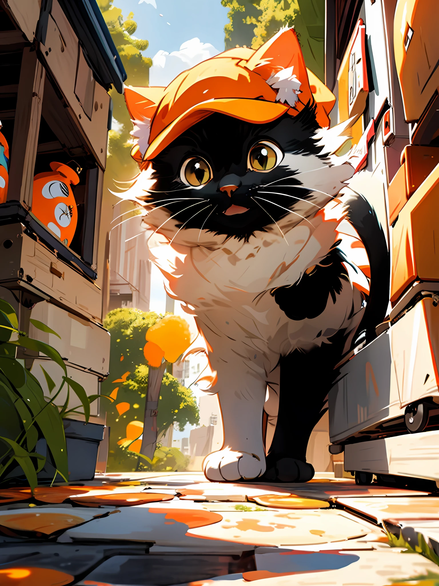 Bipedal creature resembling a cat, orange mushroom hat with yellow spots, white-tan fluffy fur, a cynical expression on their face, a scar on face, masterpiece, best quality