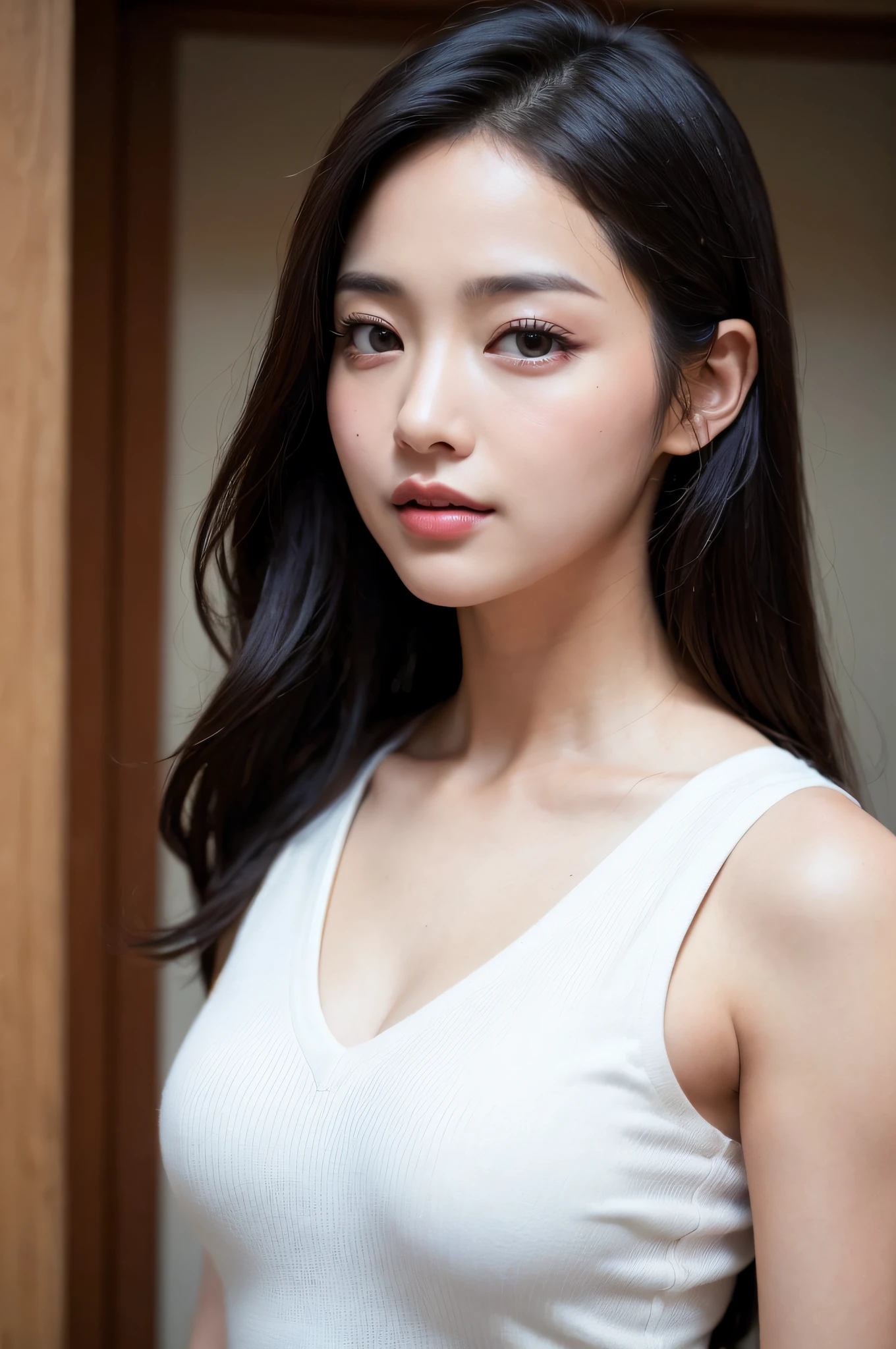((best qualtiy、8k masterpieces:1.3))、foco nítido:1.2、(ultra beautiful faces:1.0)、(shinny skin:1.0)、photos realistic、A dark-haired、Video Lighting、High-definition eyes and face、Video Lighting、(cowboy shot:1.3)、(Korean Cute Actress)、from the front side、medium large breasts、ssmile、Sleeveless、Wearing a white blouse