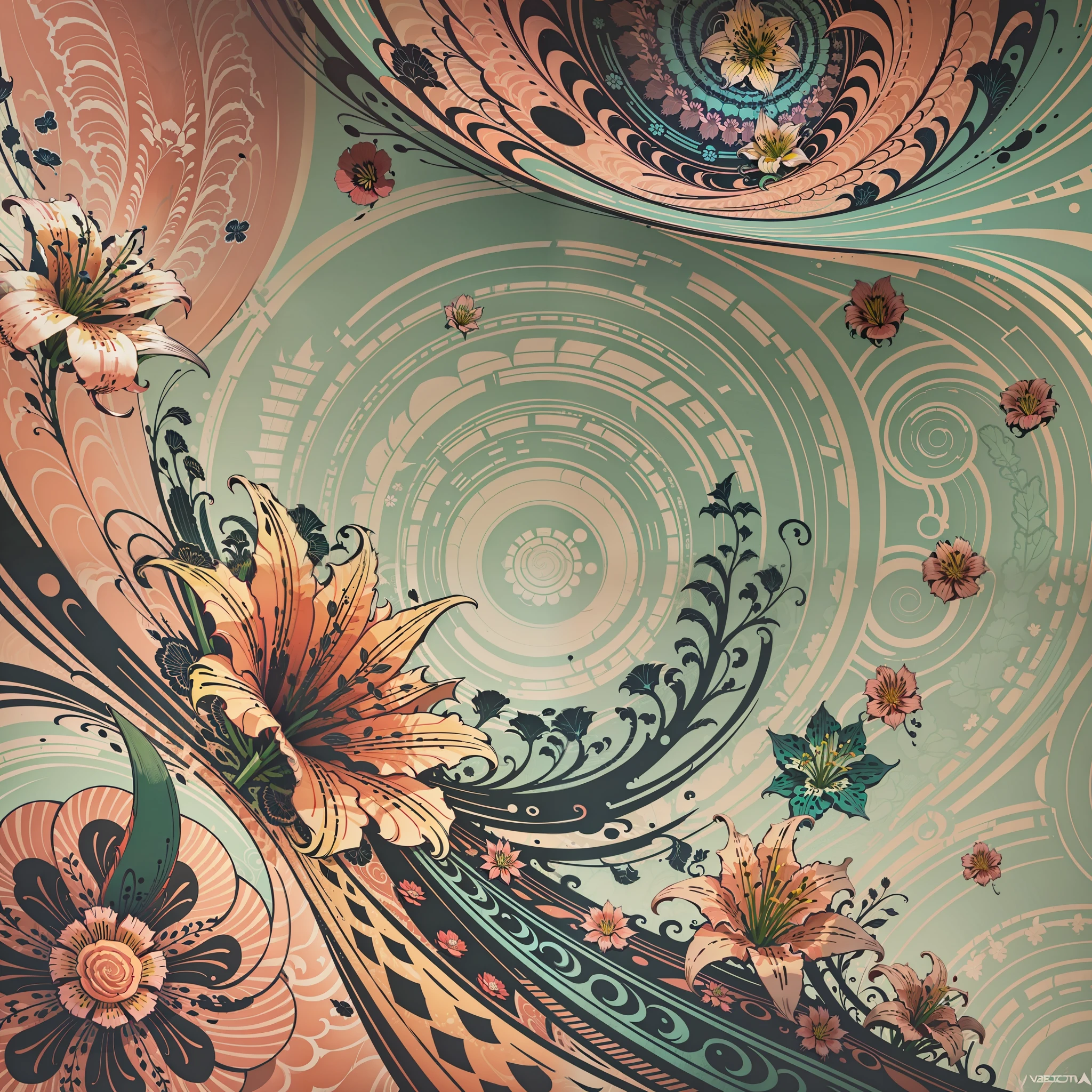 abstract lily flower wallpaper, vector style, splash ink, colorful, intricate