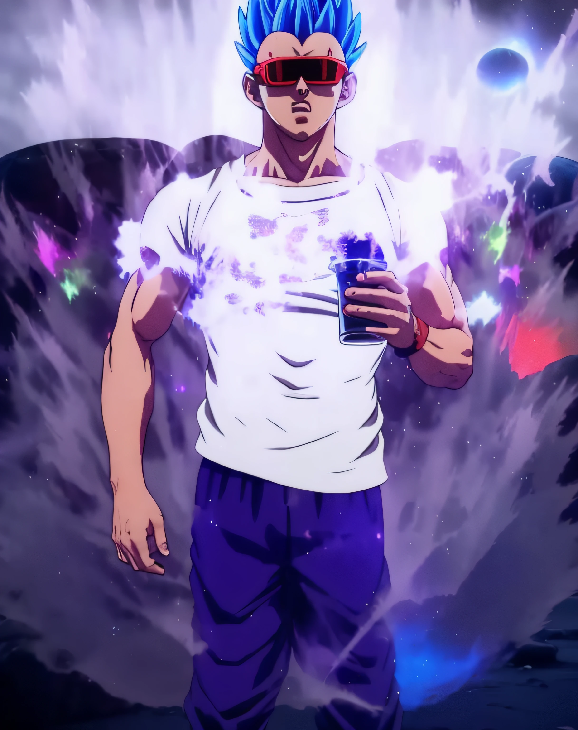 An award winning master piece photo of a super saiyan with psychedelic ki aura colors. standing on planet Vegeta at night(moons on sky:1.2). wearing neon-colored glowing goggles, 8k, (high quality:1.1), (cinematic feeling:1.1), dark deep shadows, incredibly intricate detailing, art , (up close:1.1), from above, looking at viewer, (light sparkles:1.1), (chromatic aberration,:1.2) background with floating light artifacts