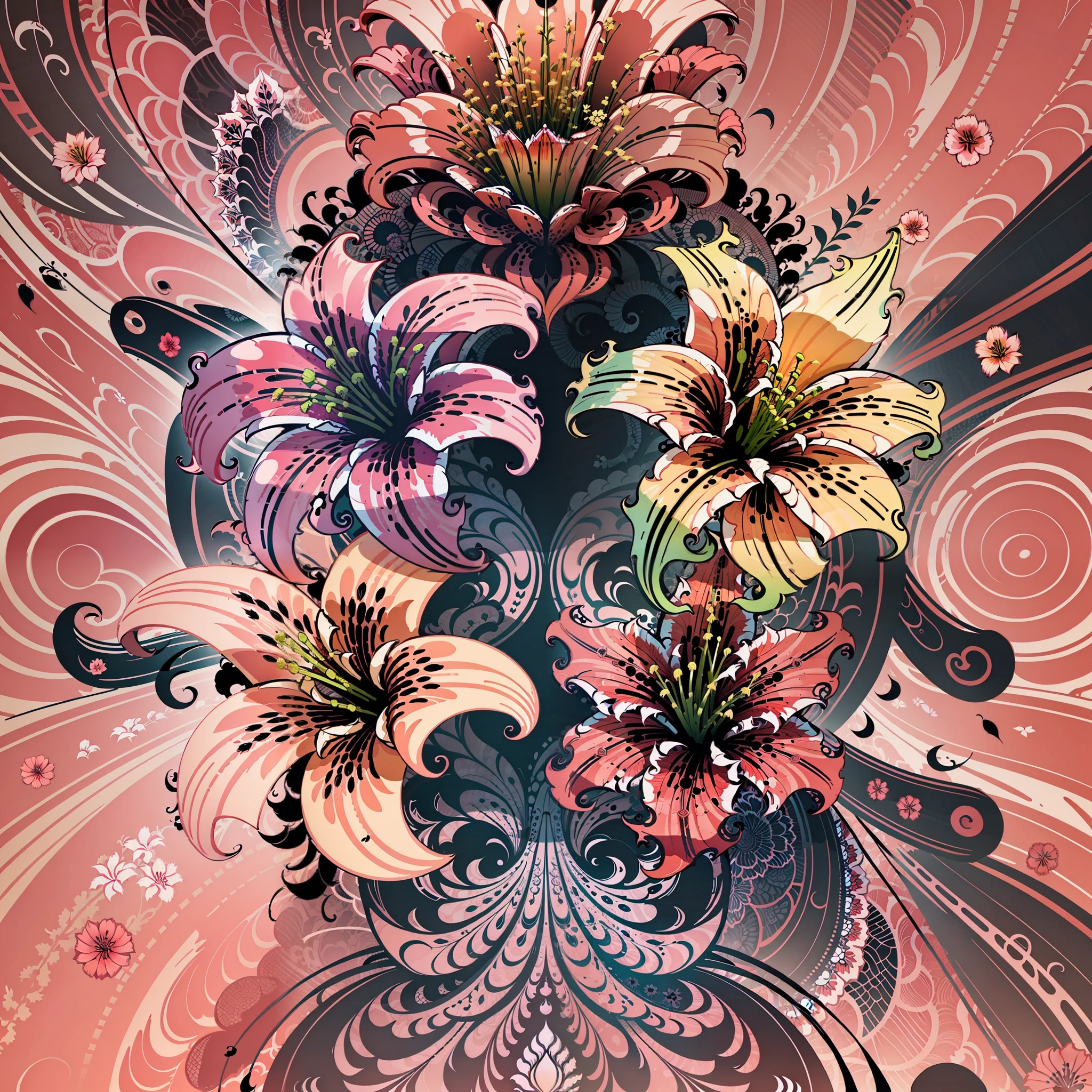 abstract lily flower wallpaper, vector style, splash ink, colorful, intricate