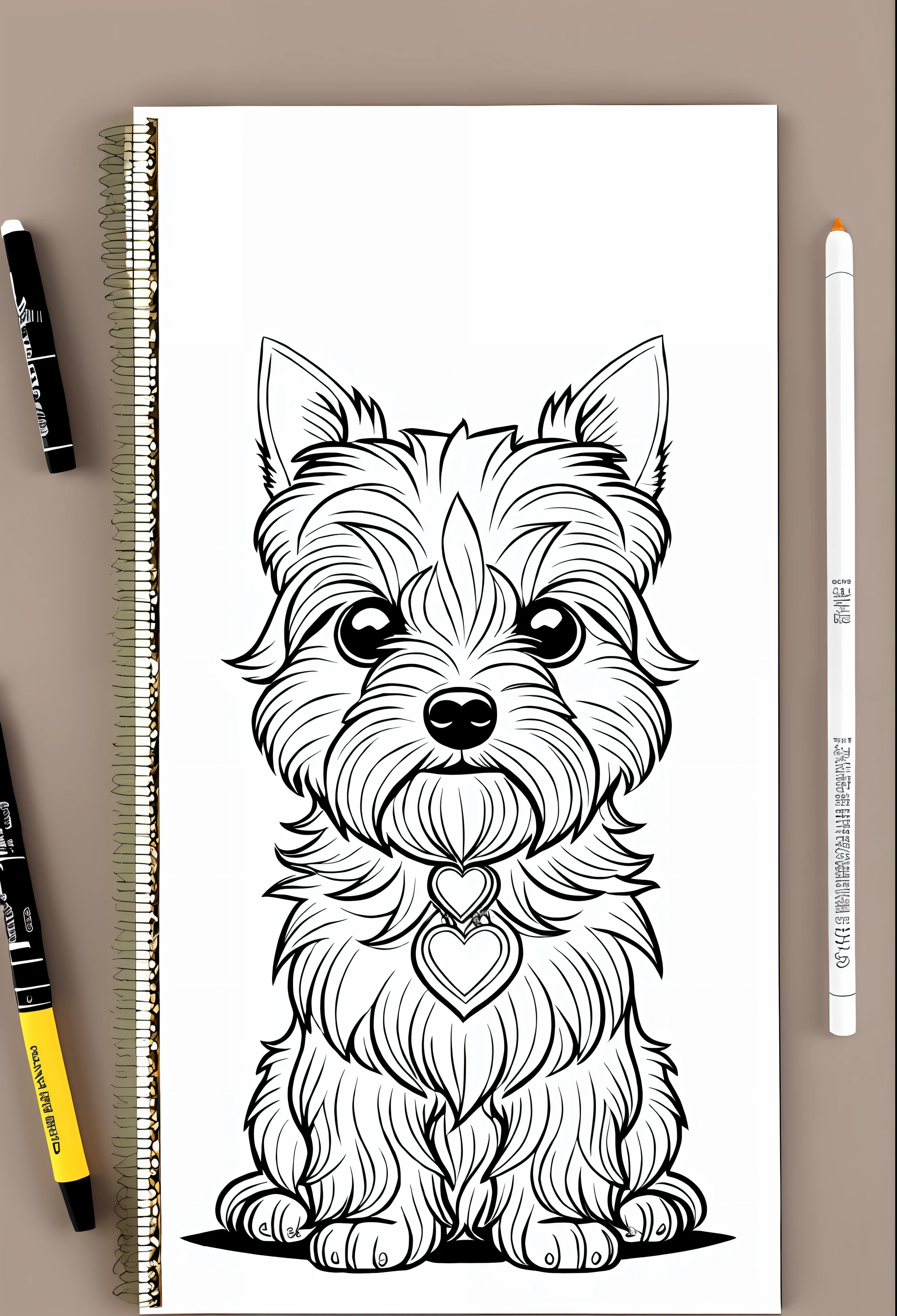 cute Yorkie coloring page for kids, photo realistic, clean line art , mandala, low detailed, white background, mandala, white, black, coloring book, sketchbook, realistic sketch, free lines, on paper, character sheet
