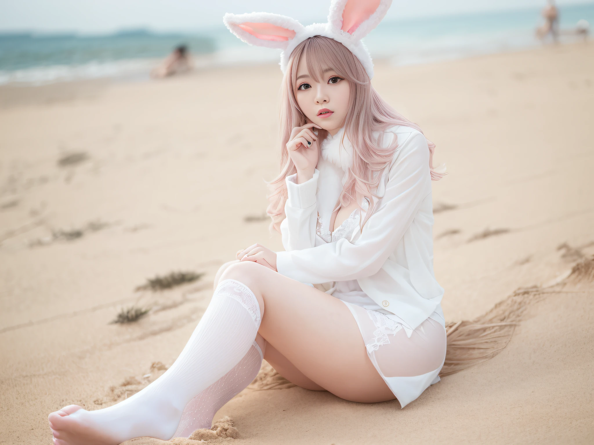 Woman in white stockings and heels,young and cute girl, wearing in stocking,Sexy Girl, Lovely woman, pantyhose, 8K,top-quality、超A high resolution、1人、(huge-breasted:1.2)、Flashy colored hair, White Bunny Girl, Wearing rabbit ears on the head,Photo, The background is the beach,Live action,japanes,独奏,Beautiful expression,all-fours,Embarrassed look,troubled look,Cheeks pale pink,Hands on the ground,Thigh opening,sea side