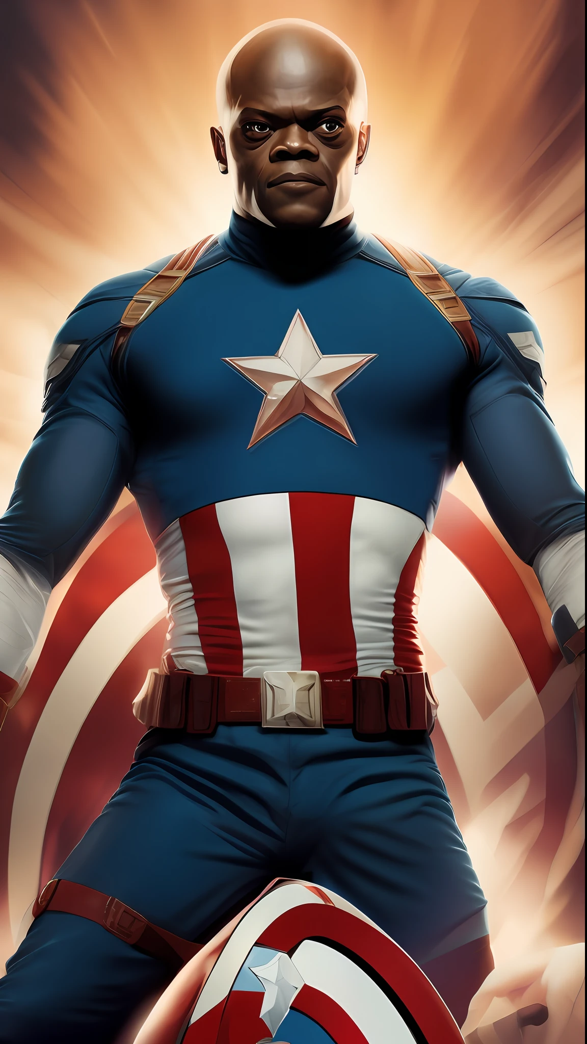 . .estilo Tarantino  Samuel L. Jackson as Captain America 8k, highes definition, rosto detalhado, rosto detalhado, olhos detalhados, terno detalhado, estilo Marvel e DC, hiper-realista, + Cinematographic shot + dynamic compositing, incrivelmente detalhado, nitidez, detalhes + detalhes soberbos + noite com luz + perfeccionismo + realismo premiado ((soft-lighting))