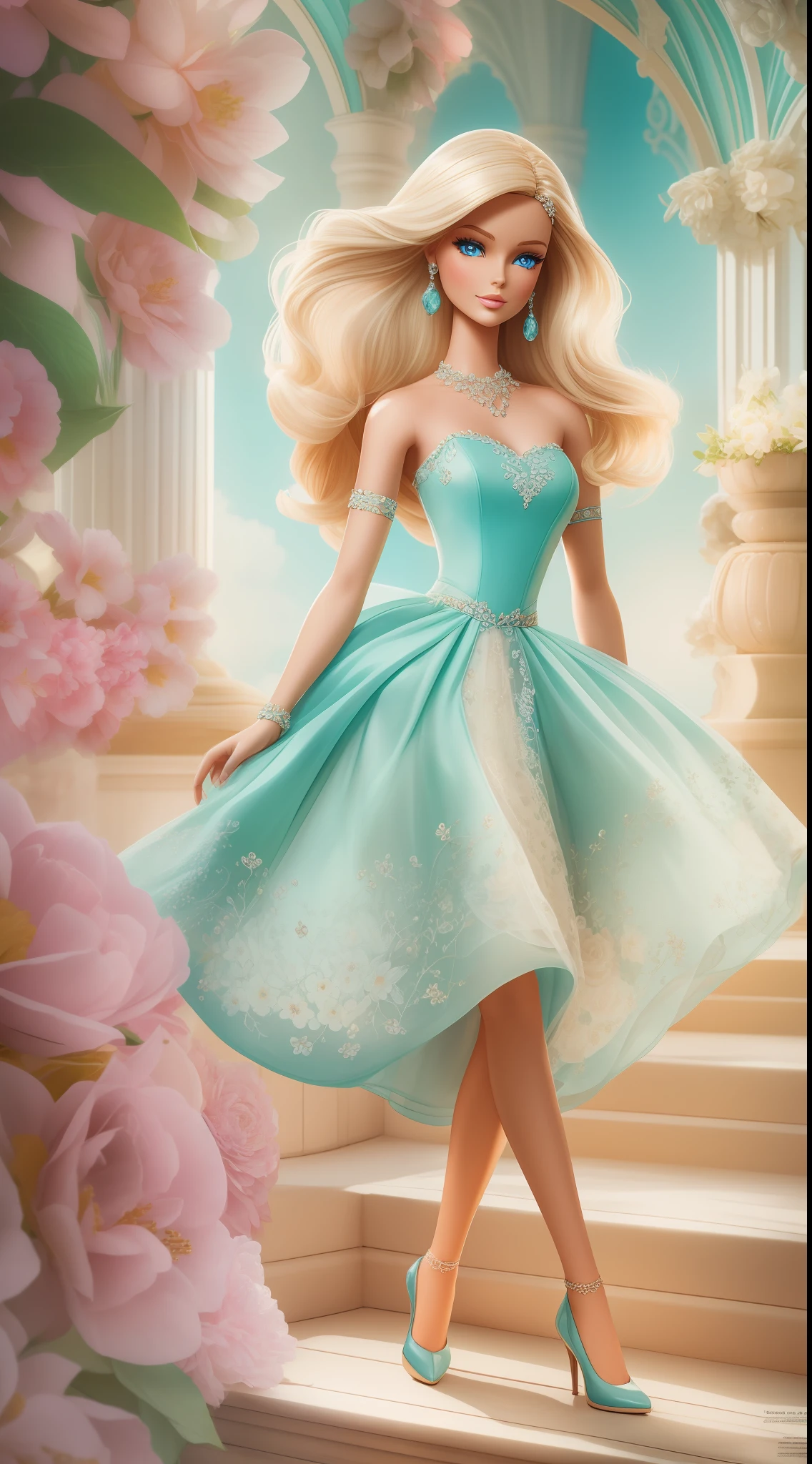 "A vibrant and glamorous Barbie doll portrait with impeccable details, capturing her elegance and charm in a high-resolution CG artwork. Radiant and flawless, the doll features a stylish outfit, stunning blue eyes, and perfectly styled (blonde hair:1.2). The soft lighting accentuates her beauty, while a hint of sparkle adds a touch of magic. Set against a dreamy background filled with pastel colors and delicate flowers, the composition creates a whimsical and enchanting atmosphere.+"
