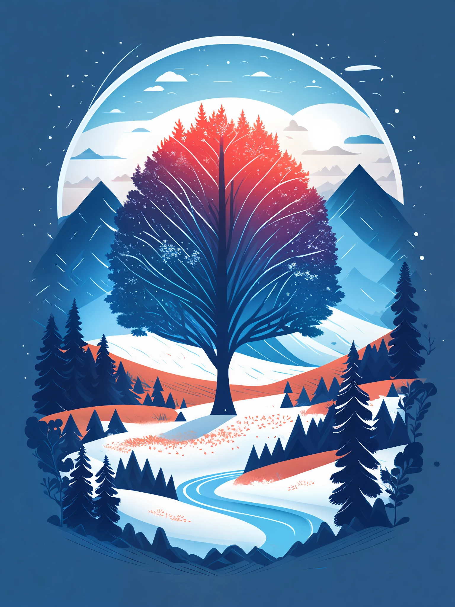 a spruice tree in a winter landscape, tshirt design, rzminjourney, vector-art