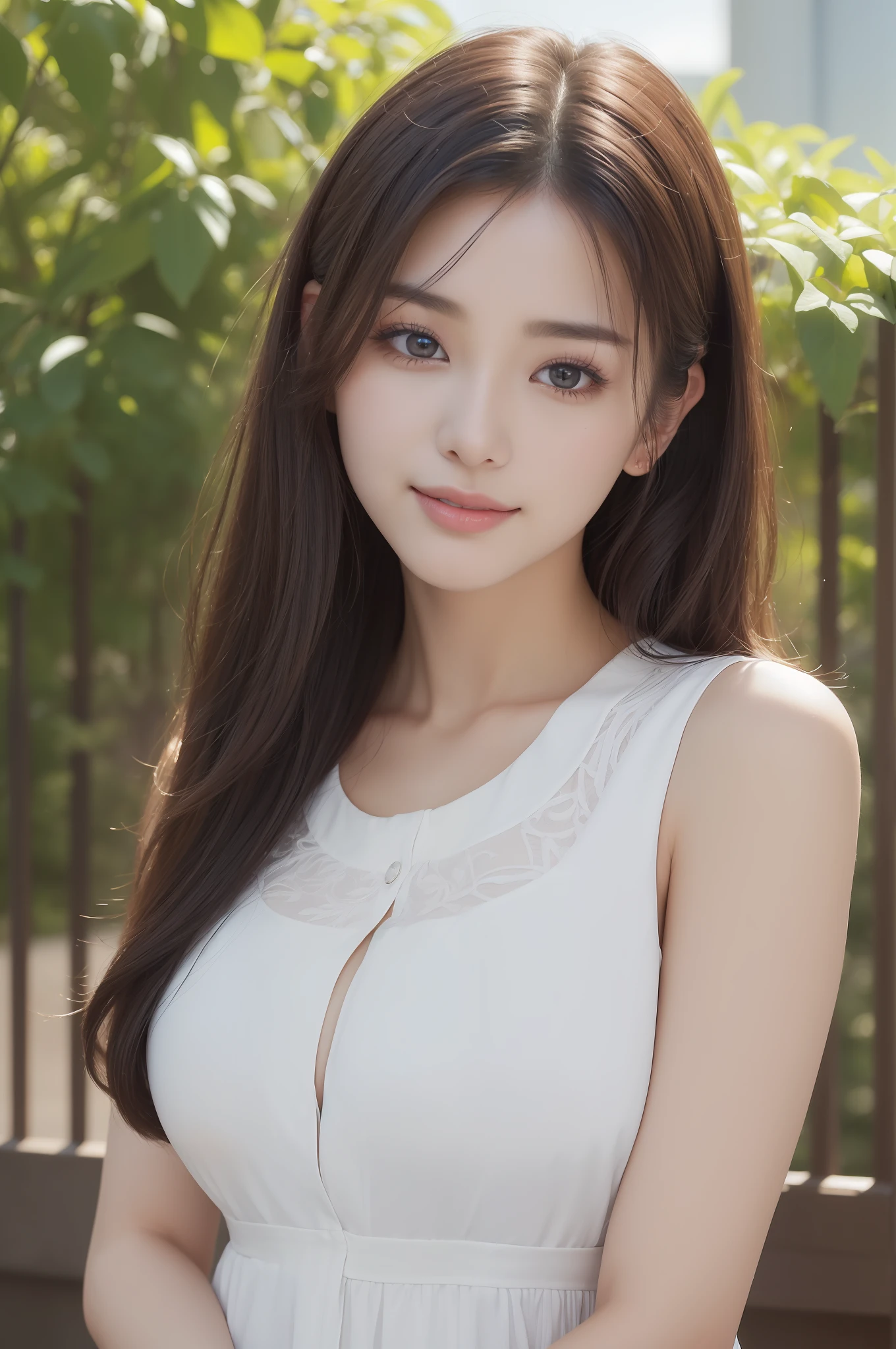 ((best qualtiy、8k masterpieces:1.3))、foco nítido:1.2、(ultra beautiful faces:1.0)、(shinny skin:1.0)、photos realistic、A dark-haired、Video Lighting、High-definition eyes and face、Video Lighting、(cowboy shot:1.3)、(Korean Cute Actress)、from the front side、medium large breasts、ssmile、Sleeveless、Wearing a white blouse