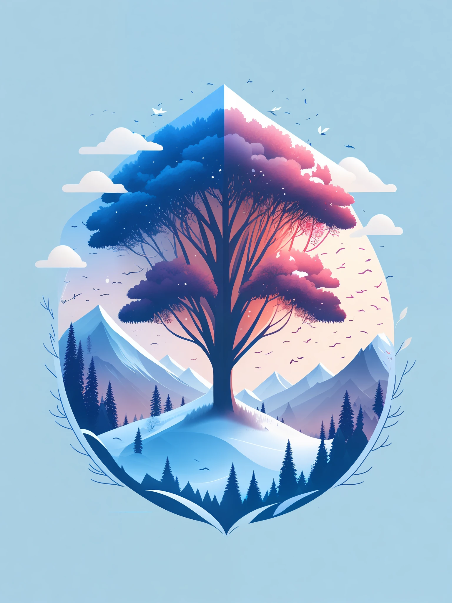 a spruice tree in a winter landscape, tshirt design, rzminjourney, vector-art