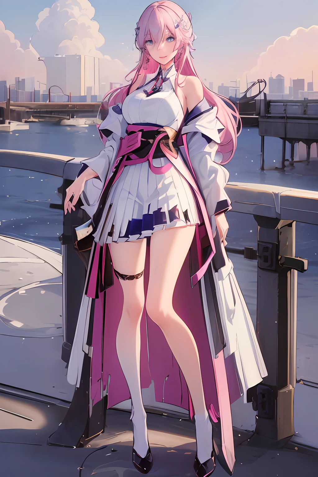 official art, masterpiece, sharp focus, (beautiful gorgeous cute Korean woman:1.3), (beautiful cute korean:1.3), korean beauty, Delicate and beautiful hair and eyes and face, realistic, ultra detailed, beautiful girl, blue sky, glow white particle, (sidelighting:1.2), sun light, white cloud, detailed clouds, slender, Lovely very large breasts and very large hips, smile with teeth, ((smile with eyes, open both eyes)), scenery, long straight hair, sexy facial expression, building, (cityscape:1.7), dynamic hair, long straight hair, detailed platinum pink hair, glow blue eyes, (blue pleated shirts + white skirt), white long socks, pale skin, hair ornament, epic scenery,