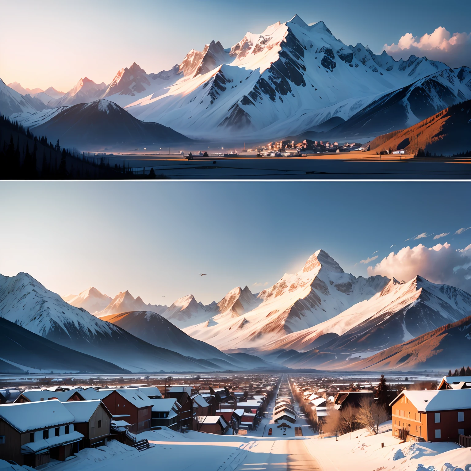 tmasterpiece，Large small town，In the distance are majestic snow-capped mountains，The sun rises and shines on the earth --auto