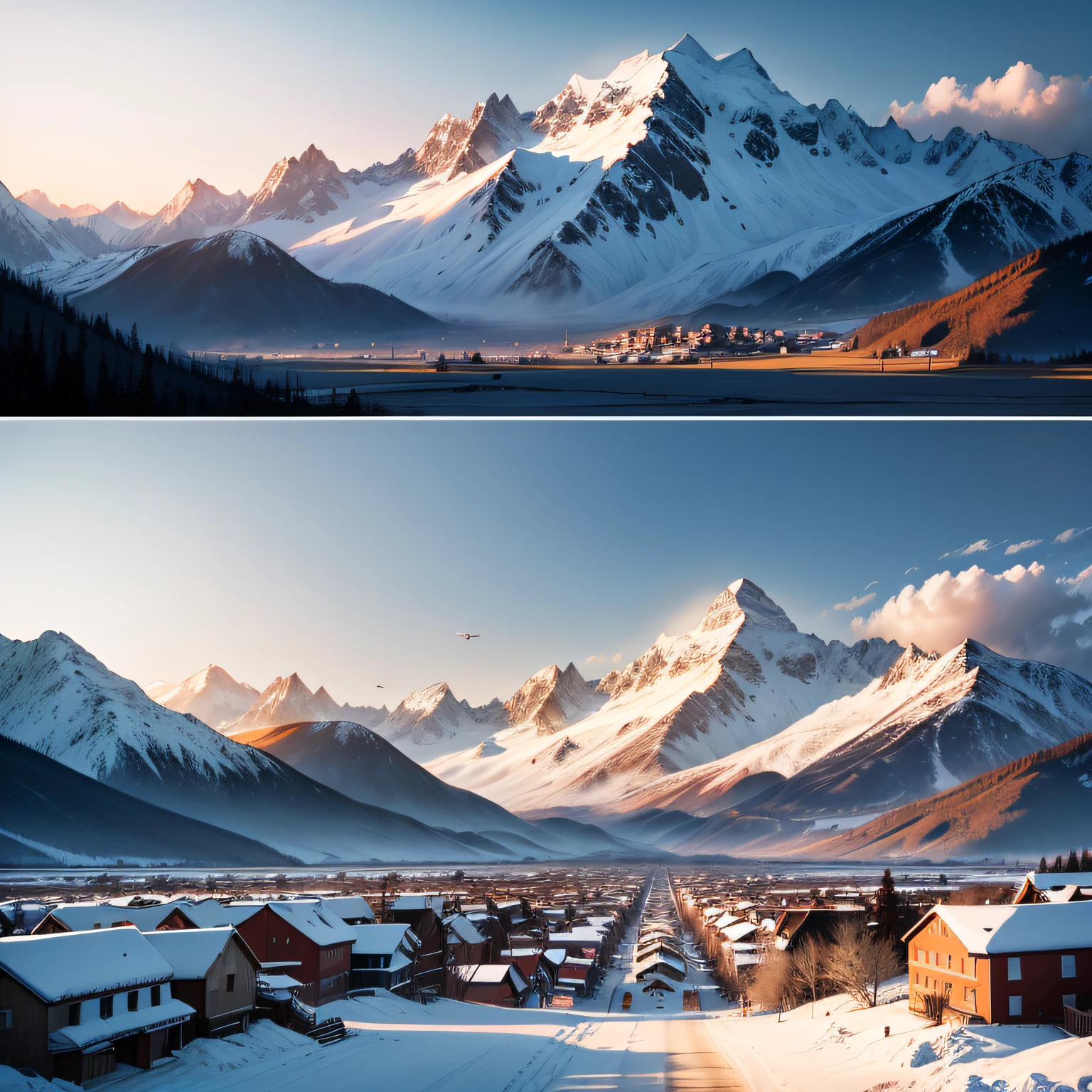 tmasterpiece,Large small town,In the distance are majestic snow-capped mountains,The sun rises and shines on the earth --auto