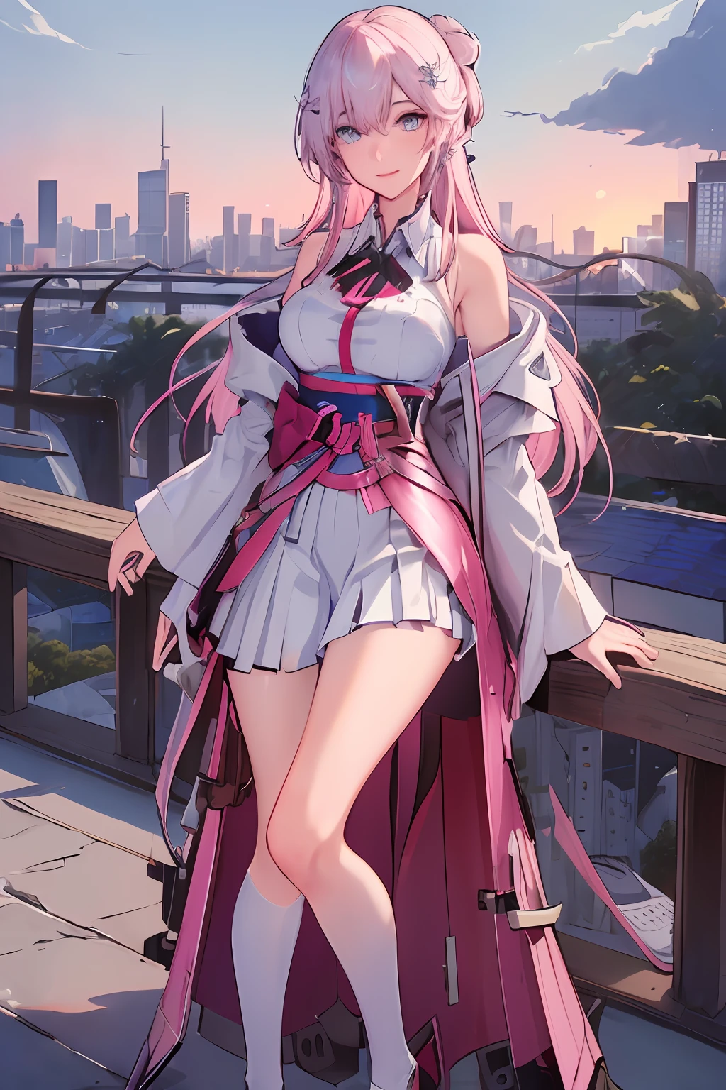 official art, masterpiece, sharp focus, (beautiful gorgeous cute Korean woman:1.3), (beautiful cute korean:1.3), korean beauty, Delicate and beautiful hair and eyes and face, realistic, ultra detailed, beautiful girl, blue sky, glow white particle, (sidelighting:1.2), sun light, white cloud, detailed clouds, slender, Lovely very large breasts and very large hips, smile with teeth, ((smile with eyes, open both eyes)), scenery, long straight hair, sexy facial expression, building, (cityscape:1.7), dynamic hair, long straight hair, detailed platinum pink hair, glow blue eyes, (blue pleated shirts + white skirt), white long socks, pale skin, hair ornament, epic scenery,