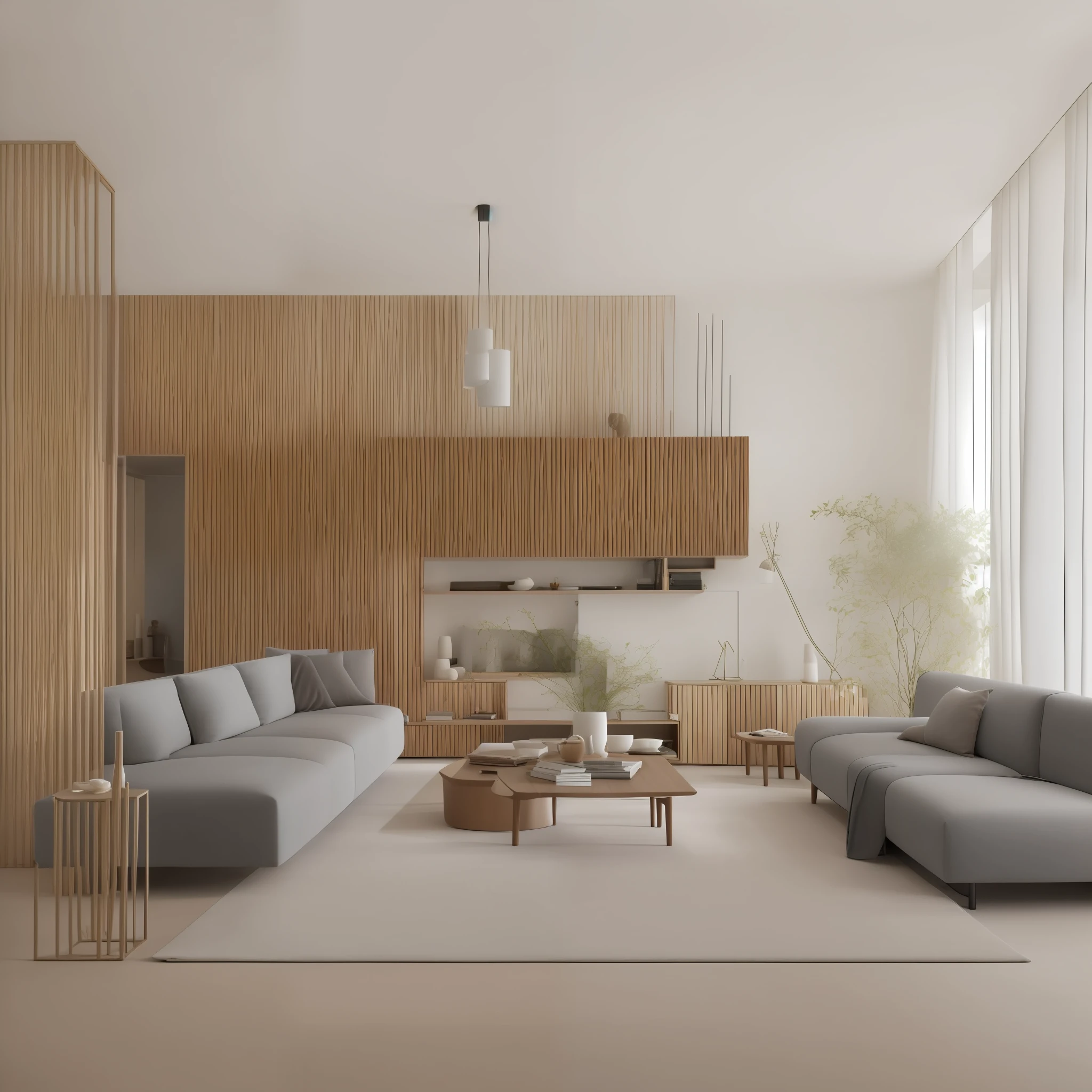 The minimalist living room is designed to provide a calm environment, sereno e funcional, where each element is carefully chosen to create a sense of harmony and simplicity. The color palette will be neutral, with a predominance of tones such as white, cinza, bege e alguns toques sutis de preto. The space will be arranged in a way that maximizes the feeling of open and airy space. Here are the main features of the project:

1. Cores e Materiais:
- Paredes: Pintura em branco ou tons neutros suaves, allowing natural light to reflect and enlarge the space.
- Piso: Piso de madeira ou laminado de cor clara, proporcionando um ambiente acolhedor e aconchegante.
-Furniture: Furniture finished in natural wood or white lacquer, combinados com tecidos suaves e texturas discretas.

2. Layout:
- Open Space: Opte por um layout aberto, without too many divisions, to facilitate circulation and create a sense of spaciousness.
- Zonas Funcionais: Divide the space into functional zones, as a seating area, reading area and entertainment space.
- Circulation Flow: Ensure there is a clear, unobstructed flow of circulation for a more comfortable experience.

3. furniture:
-Sofa: A sofa of simple design and straight lines, estofado em um tecido neutro, is a perfect choice for the minimalist living room.
- Mesas de Centro: Opt for a simple geometrically shaped coffee table, feita de materiais como madeira, vidro ou metal.
- Estante: A bookcase with a minimalist design can be used to display books and decorations, Maintaining the organization of the space.

4. Uplighting:
- Luz Natural: Allow natural light to enter freely through unobstructed windows, giving a feeling of freshness to the environment.
- Artificial Lighting: Use discreet and elegant ceiling lamps, along with floor or table lamps, to create a cozy atmosphere at night.

5. decoration:
- Toques de Cor: Adicione pequenos detalhe