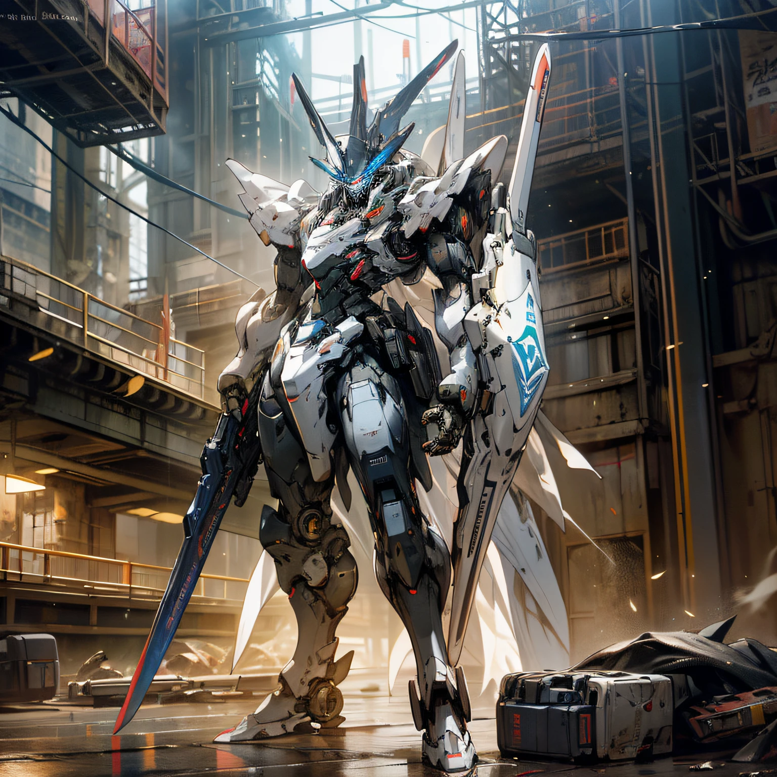 Masterpiece, Best Quality, Mecha, No Humans, (Full Body), (Black Armored Mech: 1.5), (Axisymmetry: 1.4), (HDR), (Cinematic Light: 1.1), Blue Eyes, Science Fiction, Fire, Laser Beam, War, Conflict, Destroyed City Background Armed with a weapon, (holding a huge weapon: 1.5), Holding a very large shield, Mecha Maiden, --auto