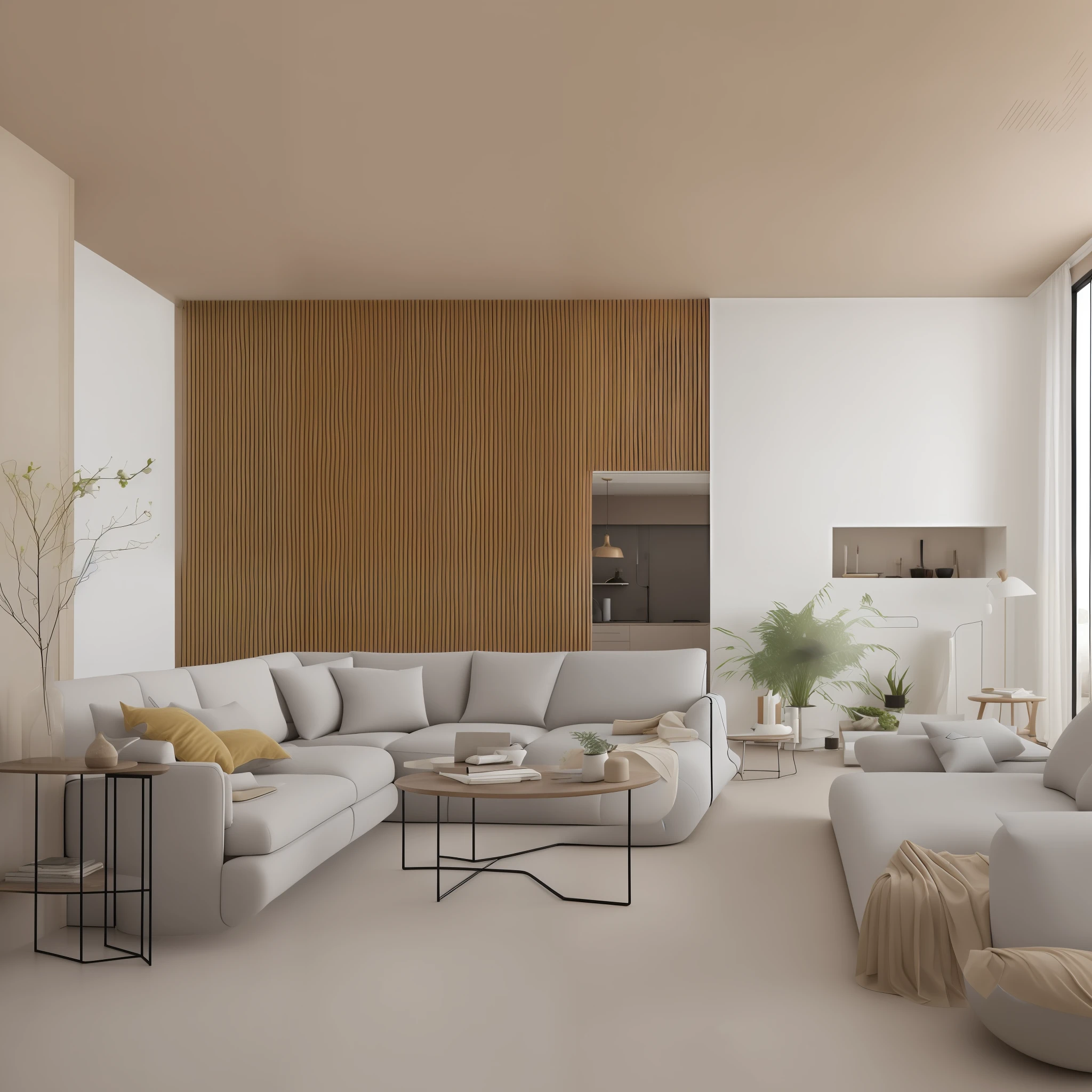 The minimalist living room is designed to provide a calm environment, sereno e funcional, where each element is carefully chosen to create a sense of harmony and simplicity. The color palette will be neutral, with a predominance of tones such as white, cinza, bege e alguns toques sutis de preto. The space will be arranged in a way that maximizes the feeling of open and airy space. Here are the main features of the project:

1. Cores e Materiais:
- Paredes: Pintura em branco ou tons neutros suaves, allowing natural light to reflect and enlarge the space.
- Piso: Piso de madeira ou laminado de cor clara, proporcionando um ambiente acolhedor e aconchegante.
-Furniture: Furniture finished in natural wood or white lacquer, combinados com tecidos suaves e texturas discretas.

2. Layout:
- Open Space: Opte por um layout aberto, without too many divisions, to facilitate circulation and create a sense of spaciousness.
- Zonas Funcionais: Divide the space into functional zones, as a seating area, reading area and entertainment space.
- Circulation Flow: Ensure there is a clear, unobstructed flow of circulation for a more comfortable experience.

3. furniture:
-Sofa: A sofa of simple design and straight lines, estofado em um tecido neutro, is a perfect choice for the minimalist living room.
- Mesas de Centro: Opt for a simple geometrically shaped coffee table, feita de materiais como madeira, vidro ou metal.
- Estante: A bookcase with a minimalist design can be used to display books and decorations, Maintaining the organization of the space.

4. Uplighting:
- Luz Natural: Allow natural light to enter freely through unobstructed windows, giving a feeling of freshness to the environment.
- Artificial Lighting: Use discreet and elegant ceiling lamps, along with floor or table lamps, to create a cozy atmosphere at night.

5. decoration:
- Toques de Cor: Adicione pequenos detalhe