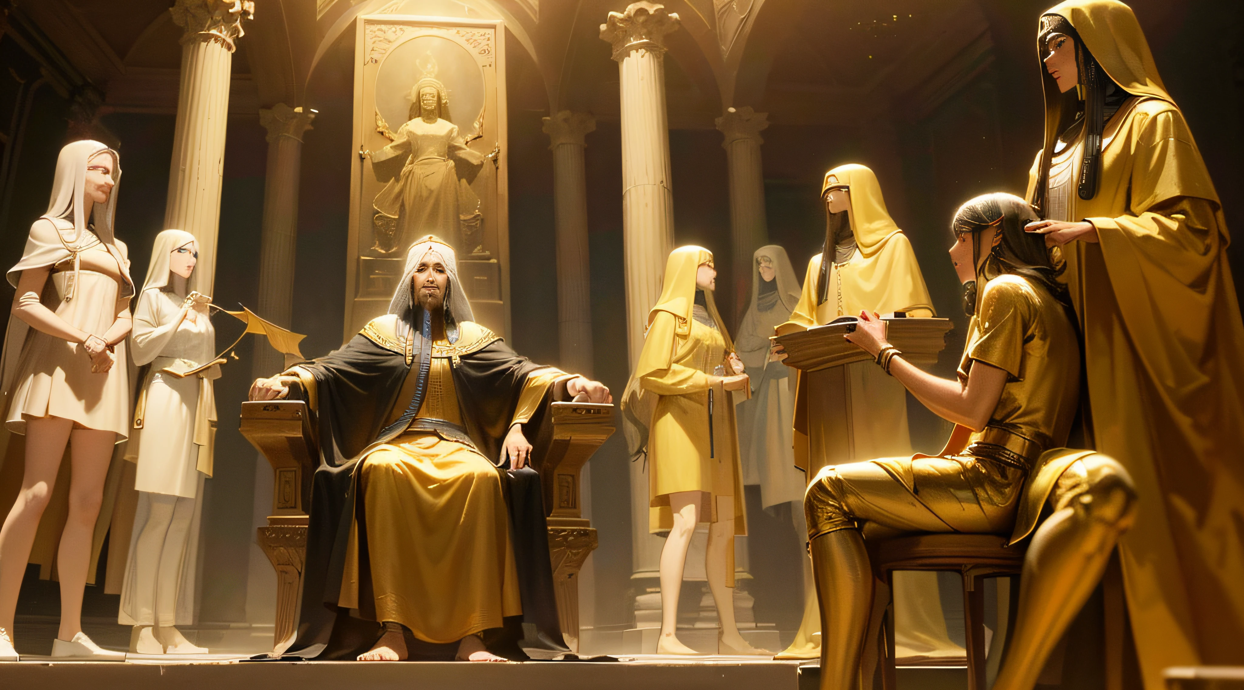 ((lifelike lighting, Melhor qualidade, 8K, Obra-prima: 1.3)), Foco claro: 1.2, Draw a dark and oppressive scene in which an Egyptian pharaoh is sitting on his throne, cercado por conselheiros e guardas reais. His countenance is austere, demonstrating absolute authority and indifference to the situation.
Ahead of you, A group of Hebrews is depicted in a hunched posture and with expressions of fear and despair. they are standing, acorrentados e com vestimentas humildes, representing their status as condemned slaves. --auto