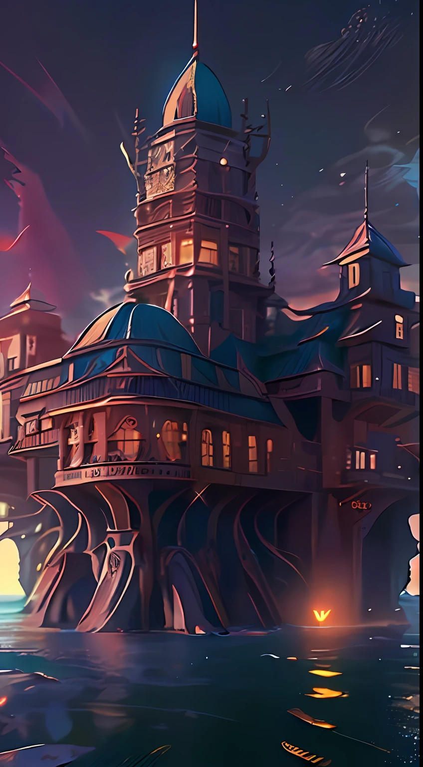 fantasy building middle of sea,,masterpiece, best quality, (extremely detailed CG unity 8k wallpaper), (best quality), (best illustration), (best shadow), absurdres, realistic lighting, (Abyss), beautiful detailed glow