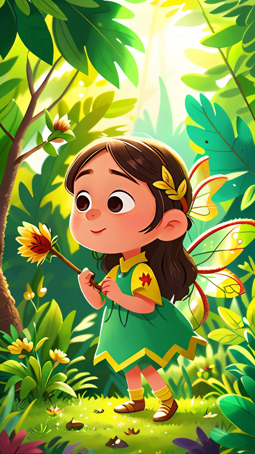 Beautiful little fairy, wearing a lovely green dress, happy, a friend of nature, holding a magic wand, flying, in the middle of the colorful enchanted forest, with beautiful wings on her back, surrounded by many plants, and with a scenic background, perfect quality, clear focus (mess - house: 0.8), (masterpiece: 1.2) (Realistic: 1.2) (Bokeh) (Best quality) (Detailed Skin: 1.3) (Intricate Details) (8K) (Eye Detail) (Sharp Focus)