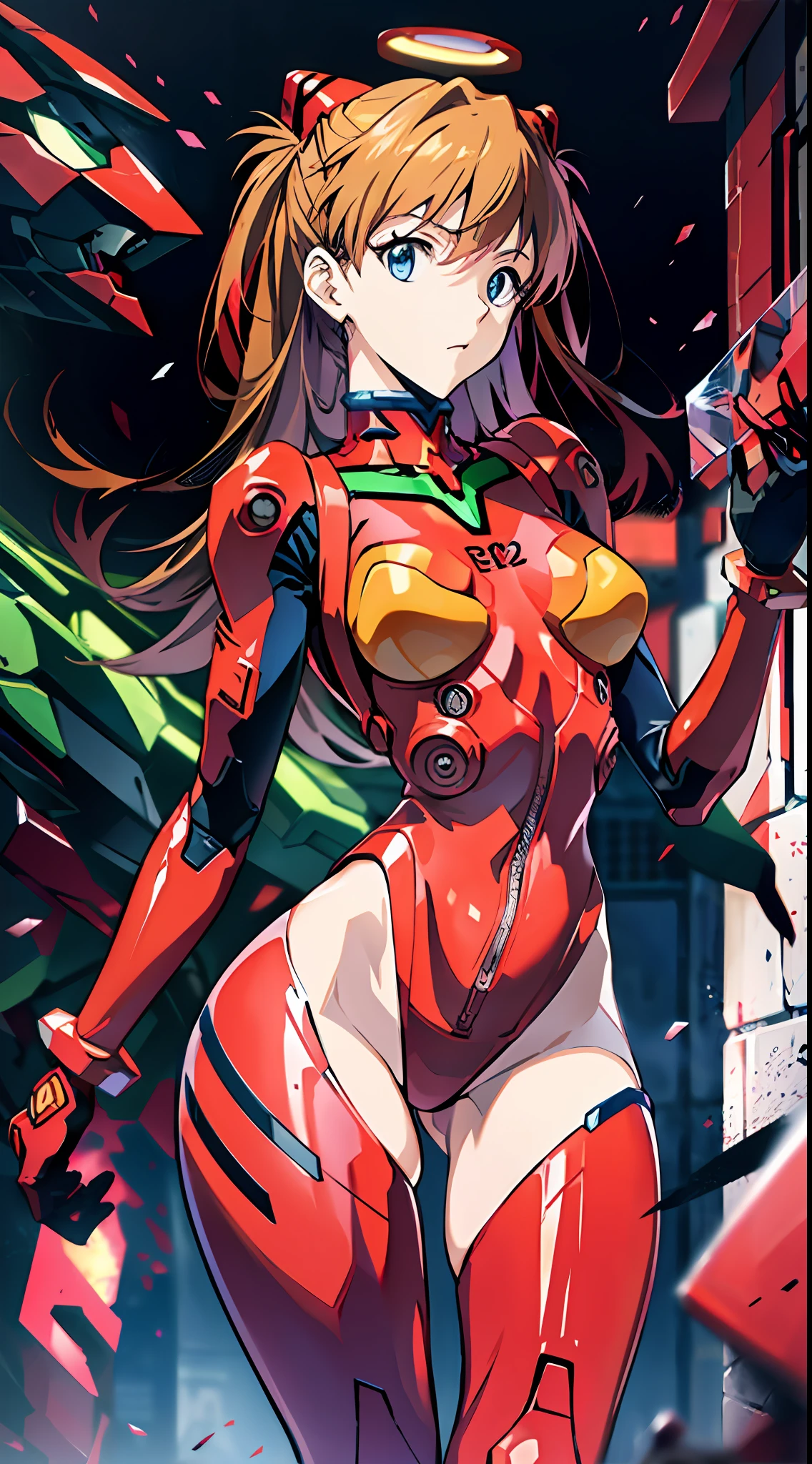 (MagazineCover:1.0) ulzzang-6500、(realisitic:1.3) (Original:1.2) 、masterpiece、top-quality、Beautiful clean face、full body Esbian、((Robot Girl、mechs)) broken armor、Mechanical halo、Mechanical arm、white hair、length hair、ceramic body、thighs gap、tiny chest、cyber background、extreme detailed city、Eva 02、Soryu Asuka Langley、Asuka、(Red Leotard、Red latex、Red High Heel Pumps)(Translucent body、reflection skin)、8K、top-quality、ultra-detailliert、(hyper realisitic:1.4)
